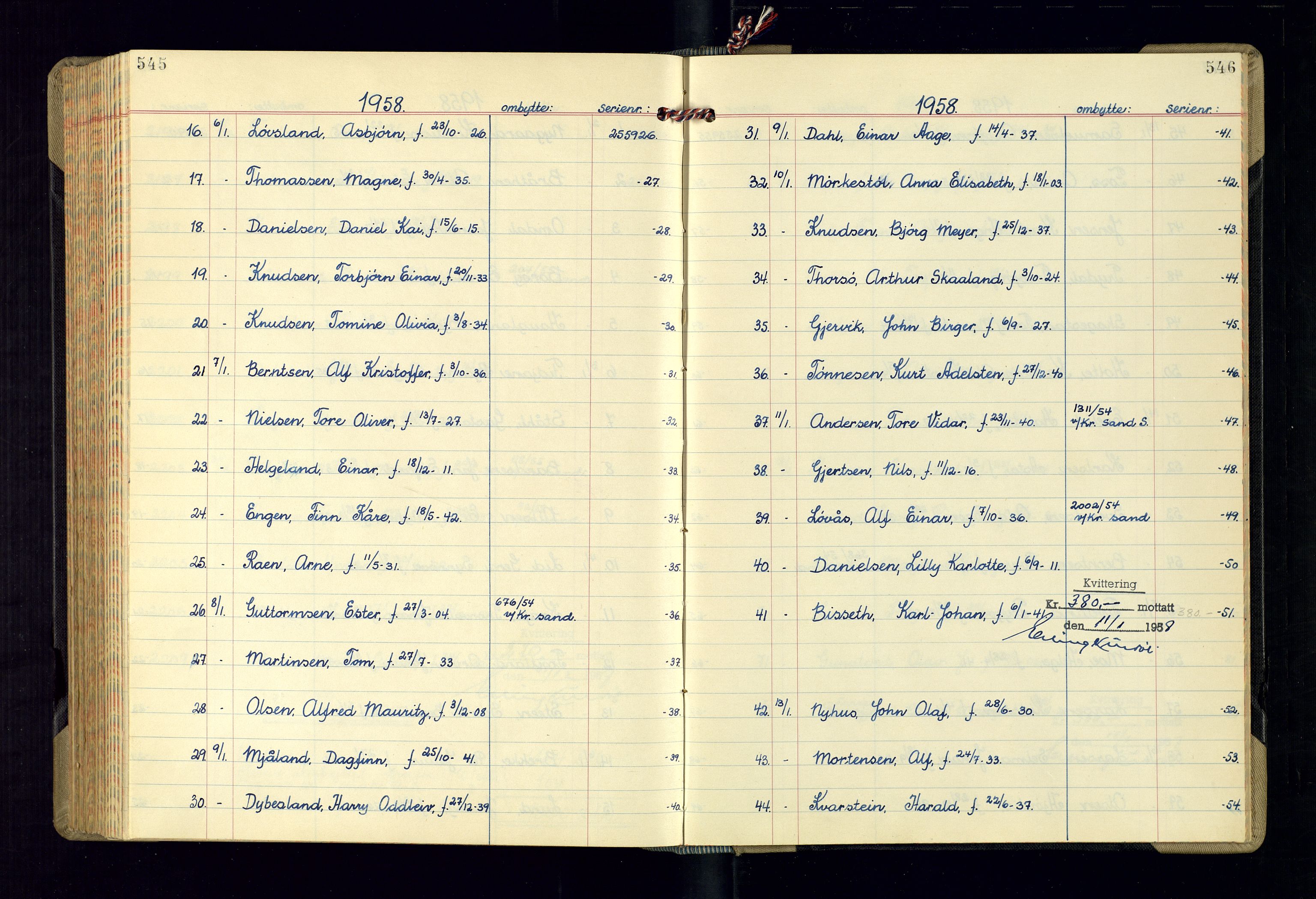 Kristiansand politikammer - 2, AV/SAK-1243-0009/K/Ka/Kaa/L0613: Passprotokoll, liste med løpenumre, 1954-1958, p. 545-546