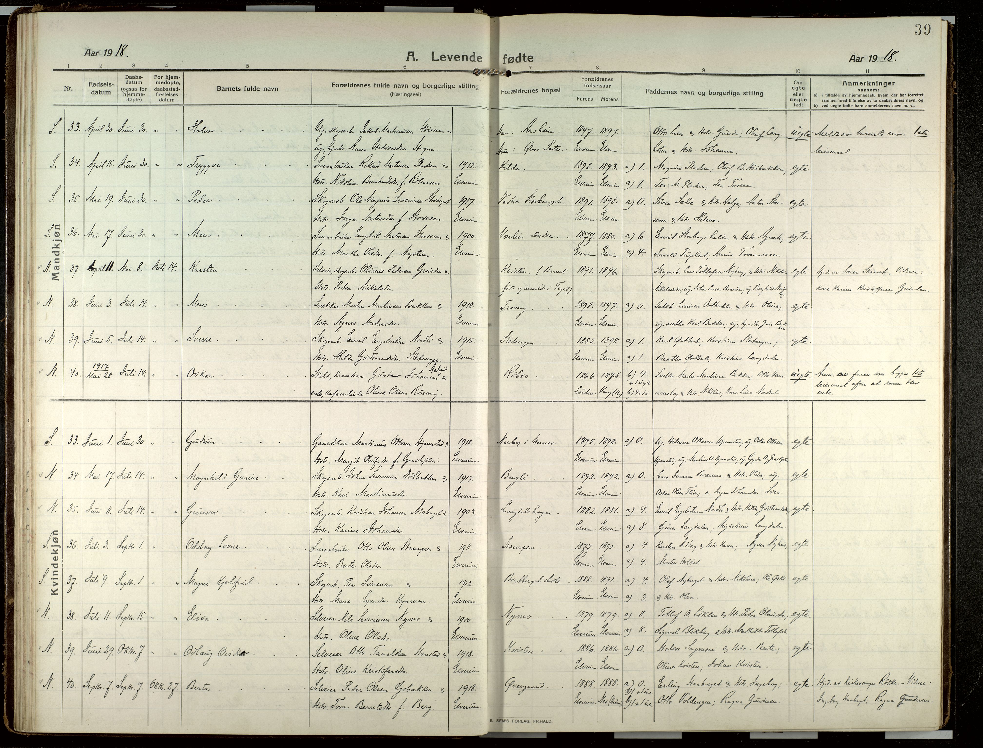 Elverum prestekontor, AV/SAH-PREST-044/H/Ha/Haa/L0022: Parish register (official) no. 22, 1913-1924, p. 39