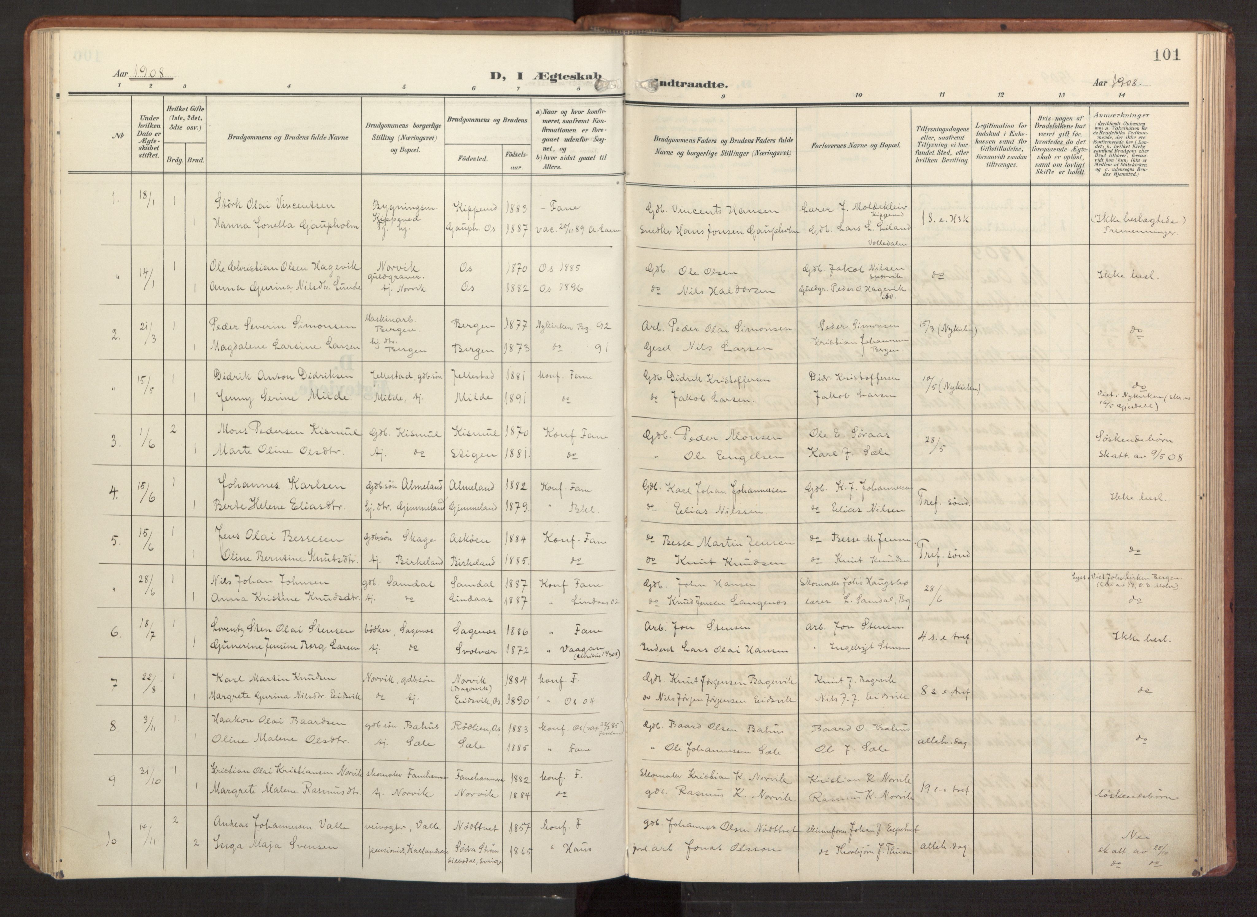 Fana Sokneprestembete, AV/SAB-A-75101/H/Haa/Haab/L0004: Parish register (official) no. B 4, 1908-1915, p. 101