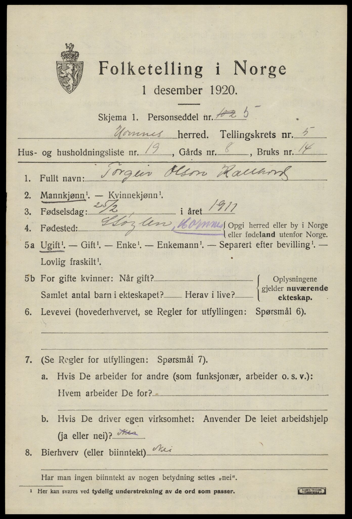 SAK, 1920 census for Hornnes, 1920, p. 1537