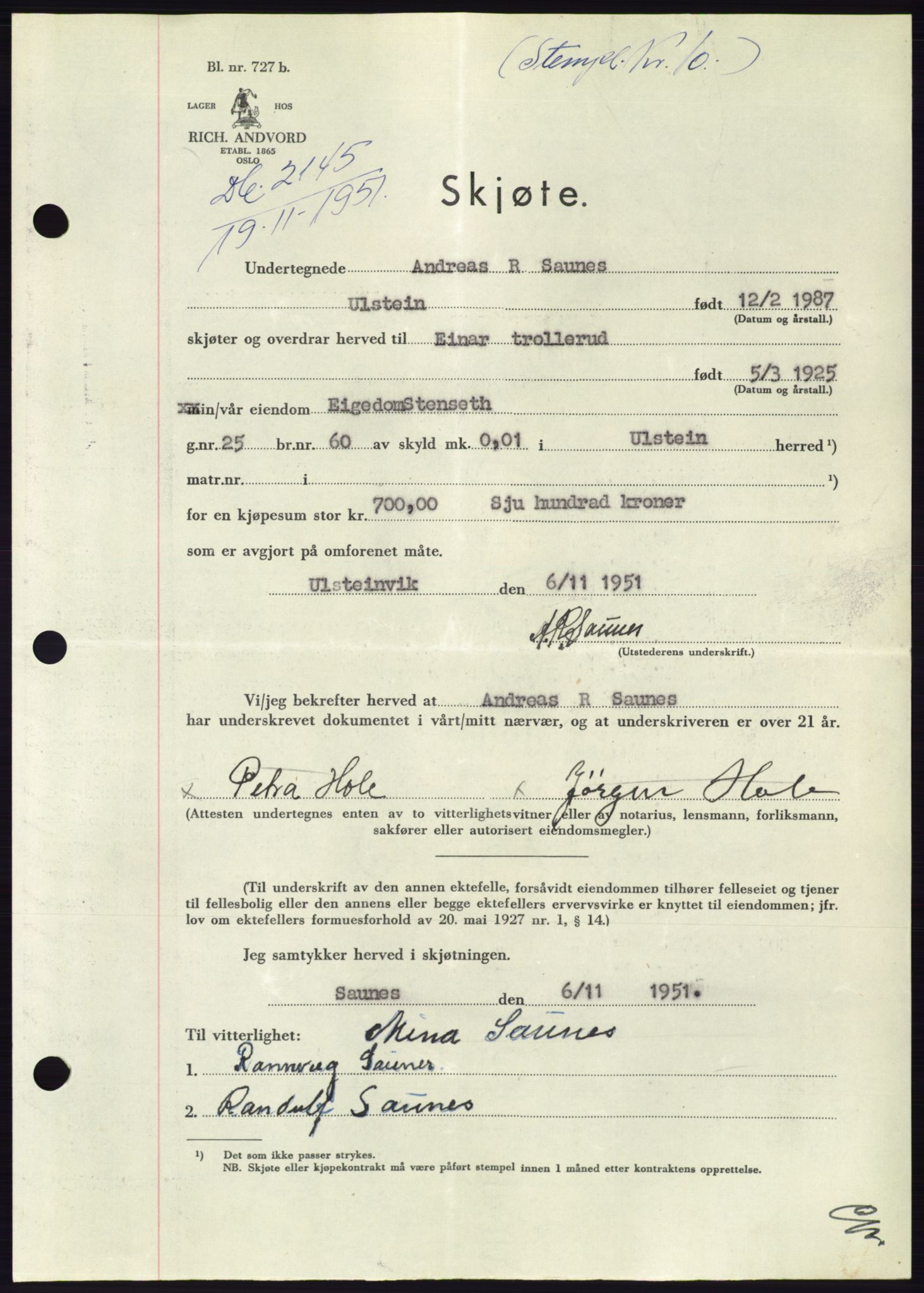 Søre Sunnmøre sorenskriveri, AV/SAT-A-4122/1/2/2C/L0090: Mortgage book no. 16A, 1951-1951, Diary no: : 2145/1951
