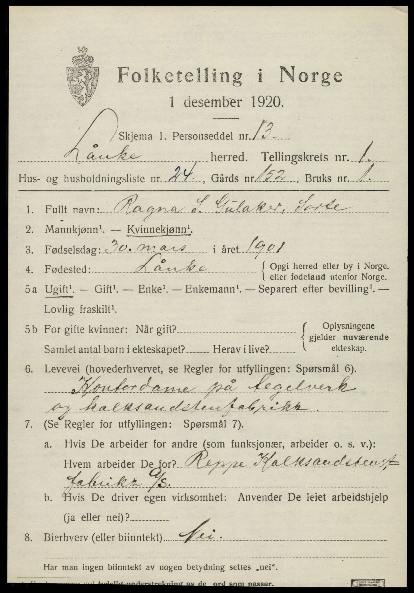 SAT, 1920 census for Lånke, 1920, p. 822