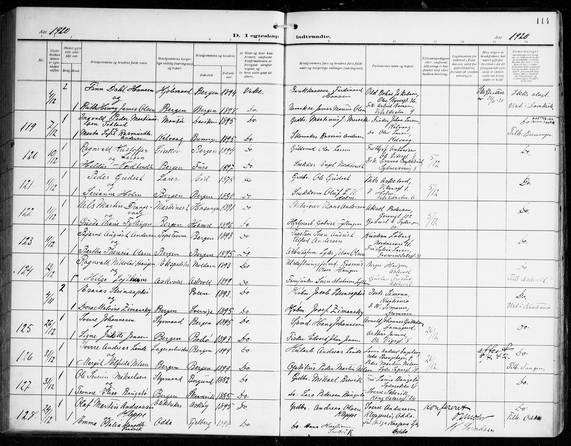 Johanneskirken sokneprestembete, SAB/A-76001/H/Haa/L0013: Parish register (official) no. D 2, 1912-1929, p. 114