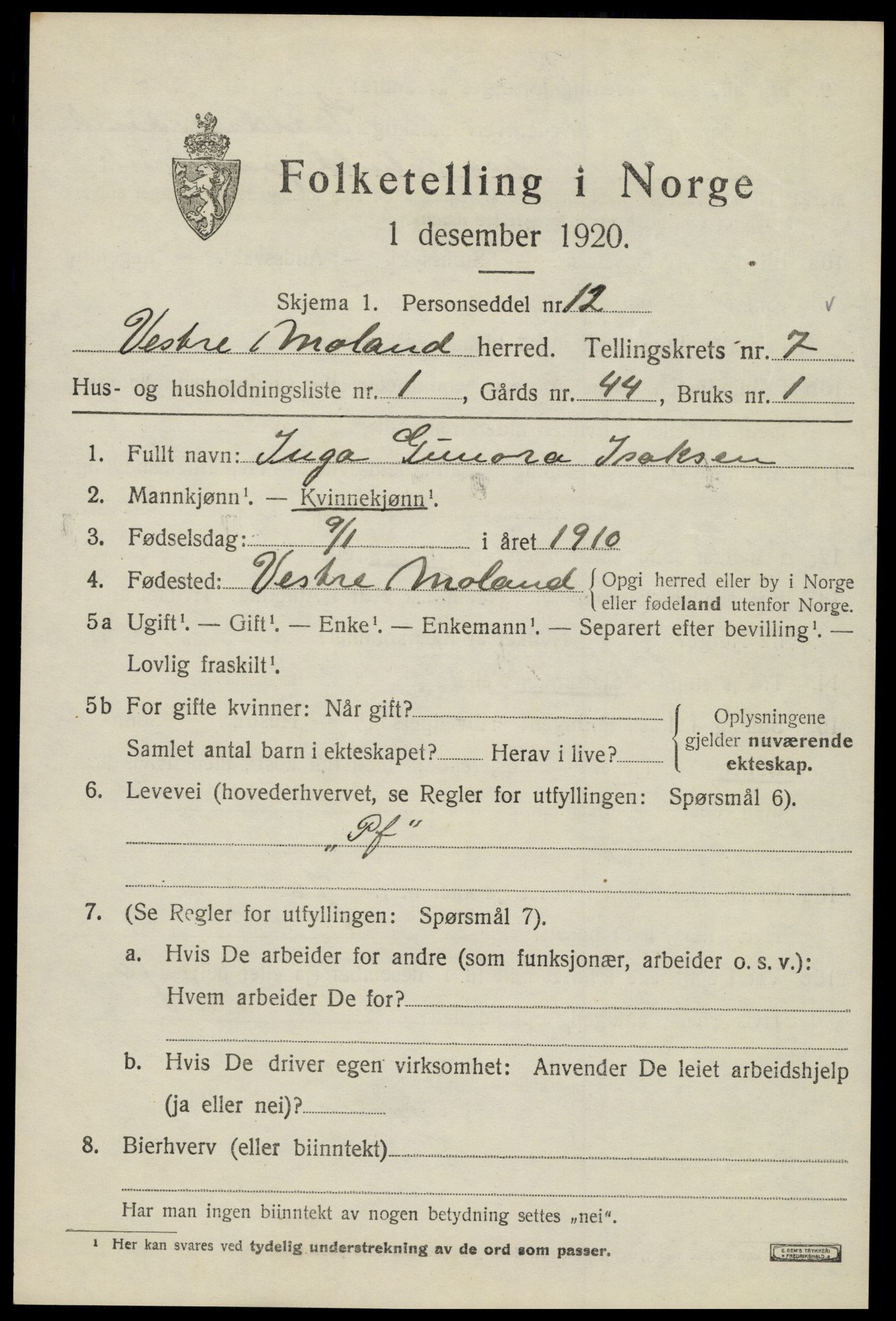 SAK, 1920 census for Vestre Moland, 1920, p. 4791