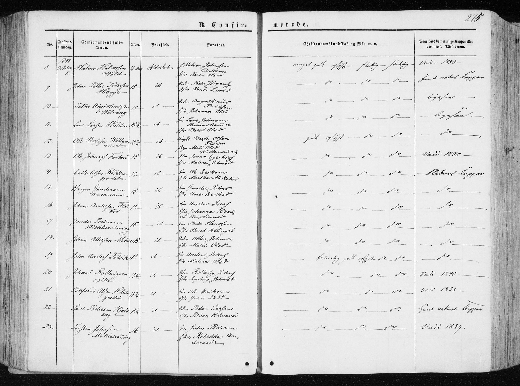 Ministerialprotokoller, klokkerbøker og fødselsregistre - Nord-Trøndelag, SAT/A-1458/709/L0074: Parish register (official) no. 709A14, 1845-1858, p. 275