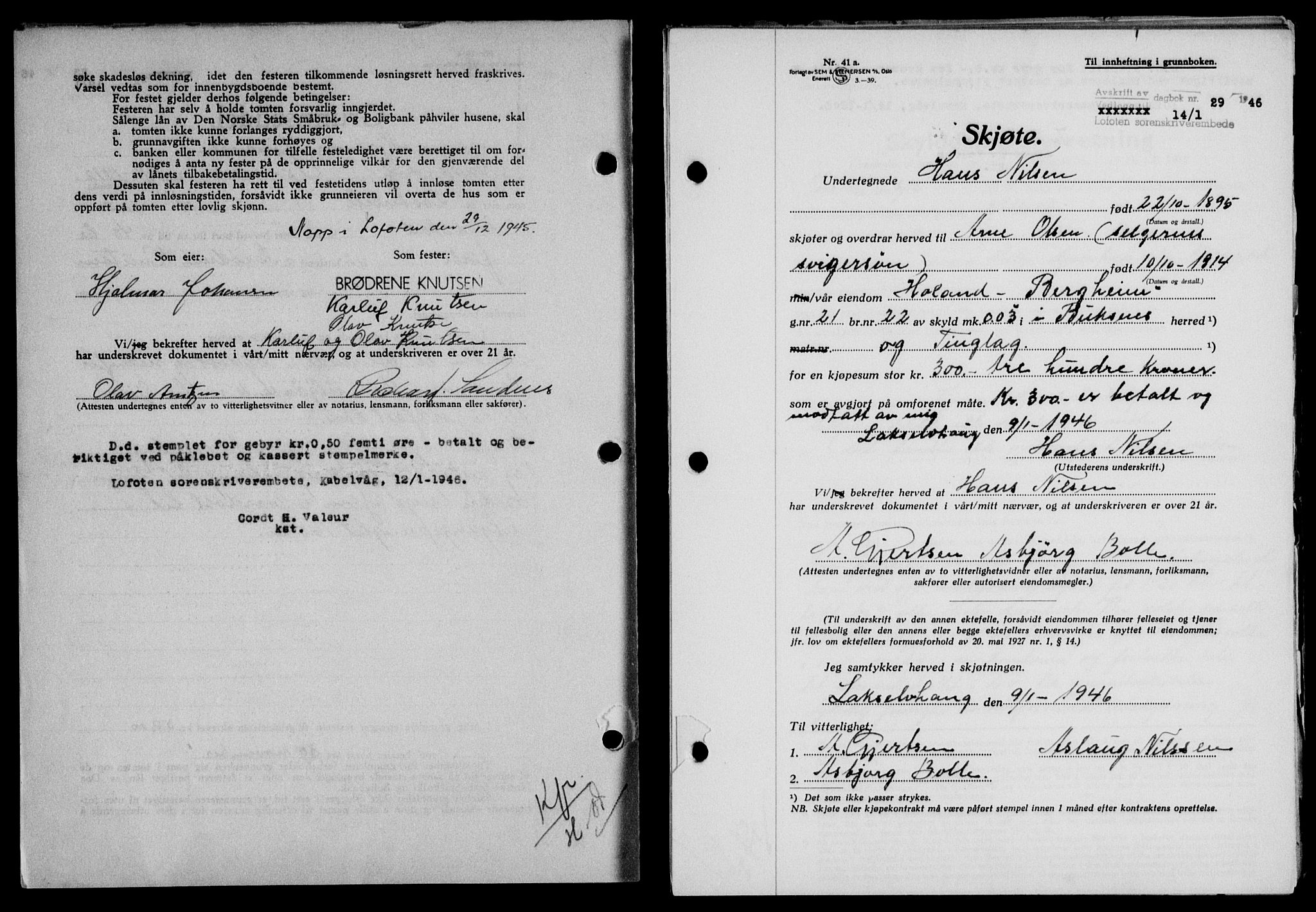 Lofoten sorenskriveri, SAT/A-0017/1/2/2C/L0013a: Mortgage book no. 13a, 1944-1946, Diary no: : 29/1946