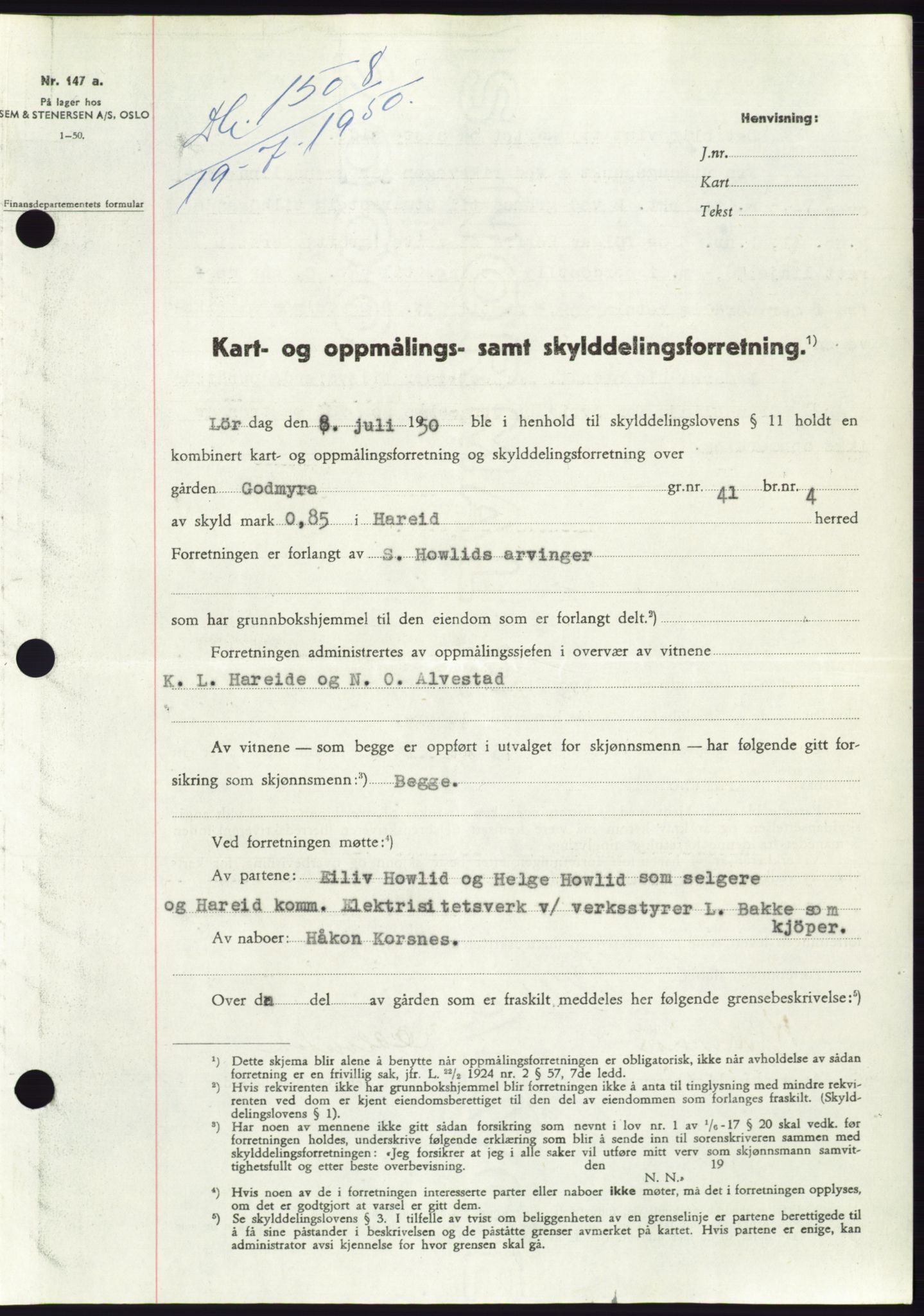 Søre Sunnmøre sorenskriveri, AV/SAT-A-4122/1/2/2C/L0087: Mortgage book no. 13A, 1950-1950, Diary no: : 1508/1950