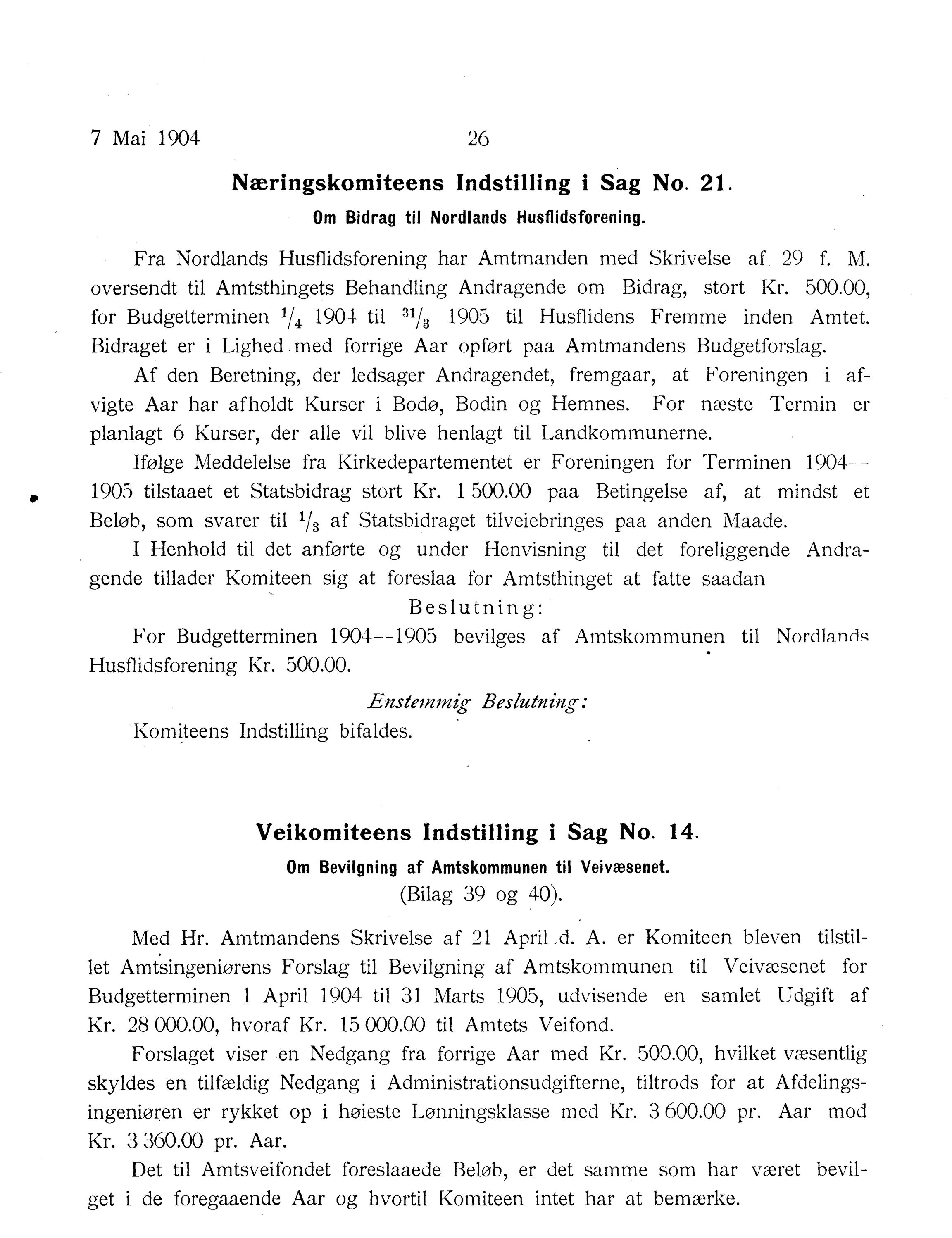 Nordland Fylkeskommune. Fylkestinget, AIN/NFK-17/176/A/Ac/L0027: Fylkestingsforhandlinger 1904, 1904