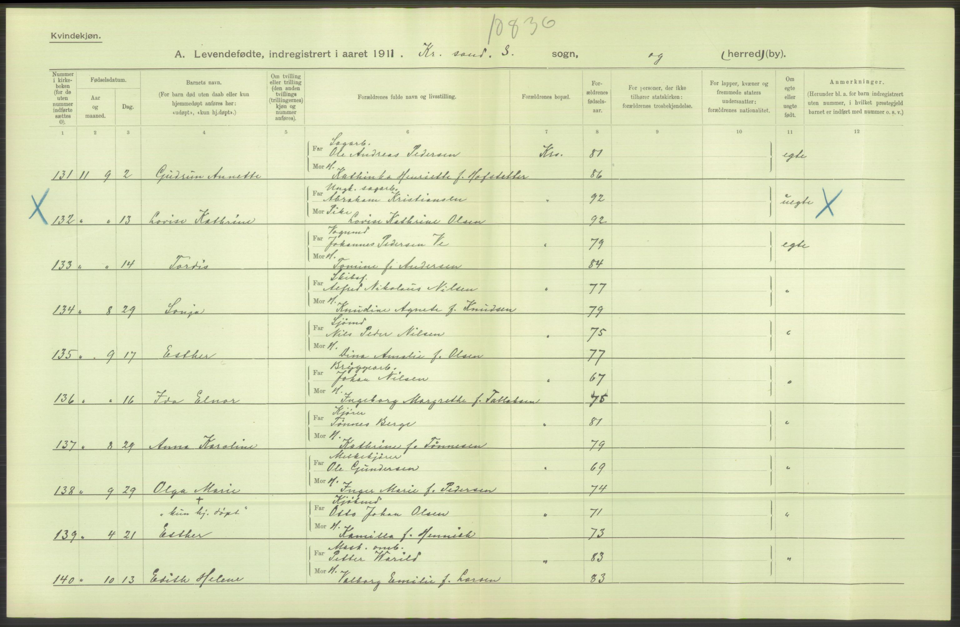 Statistisk sentralbyrå, Sosiodemografiske emner, Befolkning, AV/RA-S-2228/D/Df/Dfb/Dfba/L0023: Lister og Mandals amt:  Levendefødte menn og kvinner. Bygder og byer., 1911, p. 12