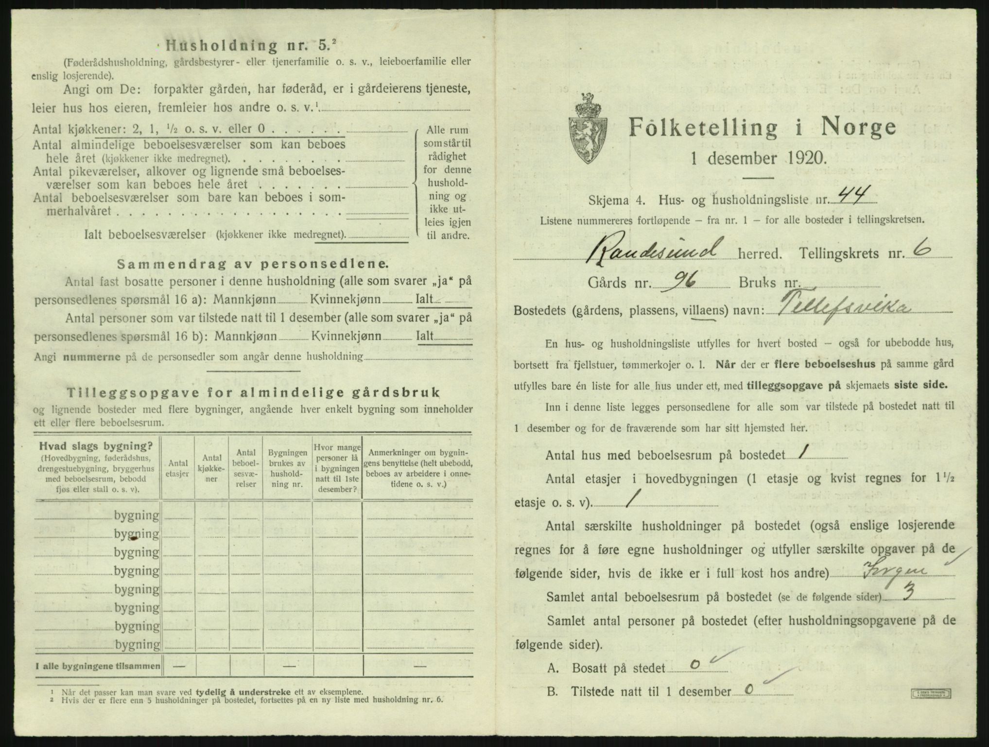 SAK, 1920 census for Randesund, 1920, p. 580