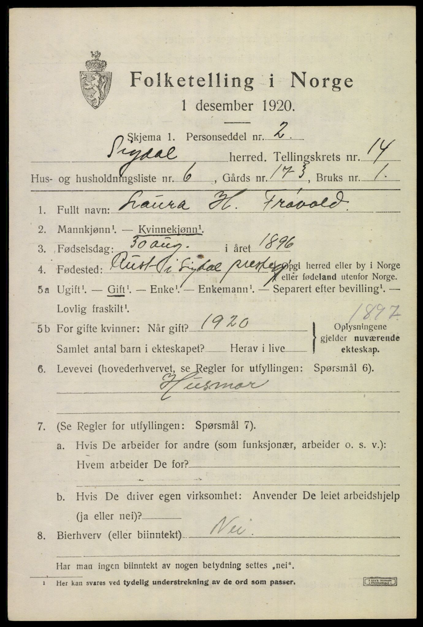 SAKO, 1920 census for Sigdal, 1920, p. 8714