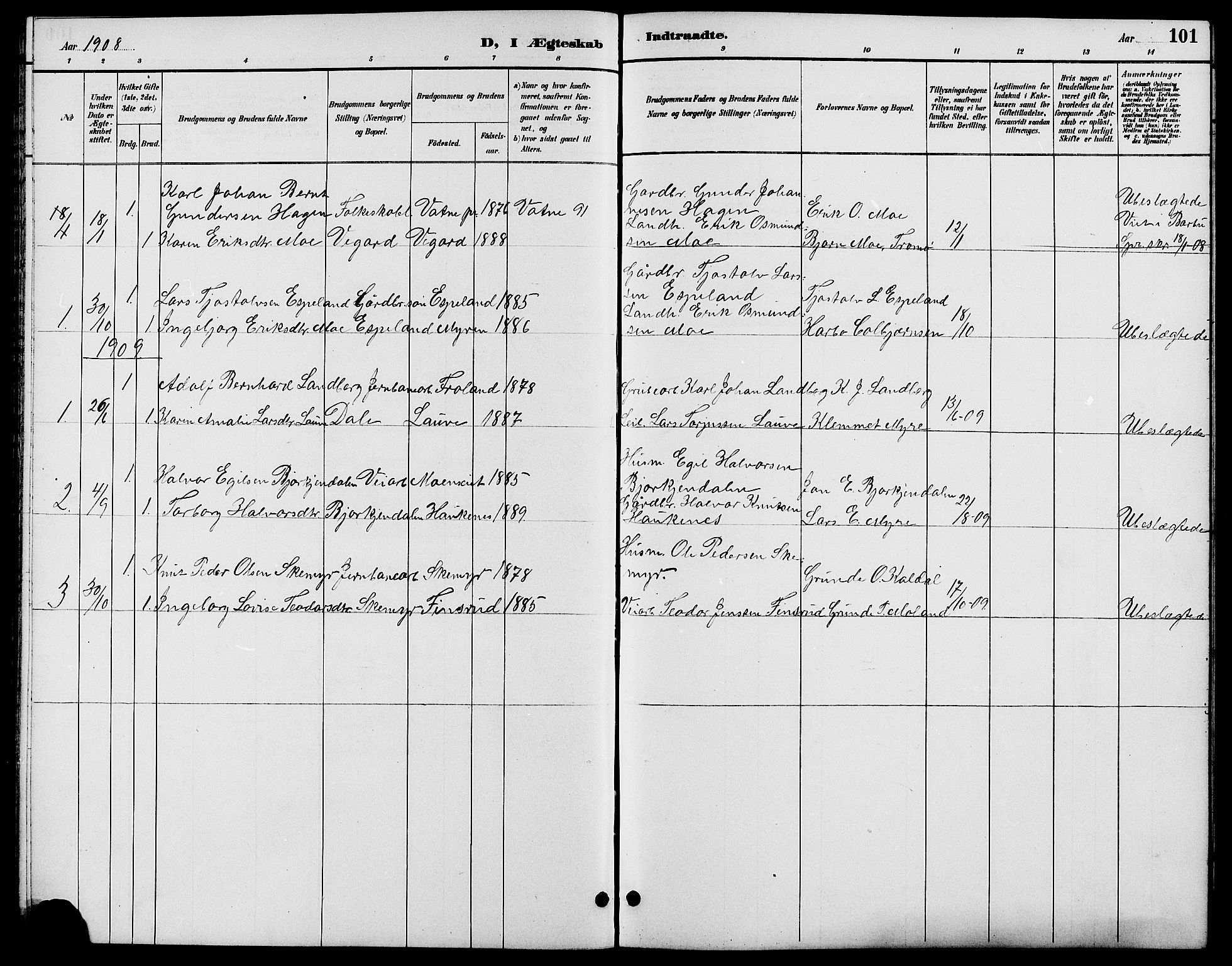 Gjerstad sokneprestkontor, SAK/1111-0014/F/Fb/Fbb/L0004: Parish register (copy) no. B 4, 1890-1910, p. 101