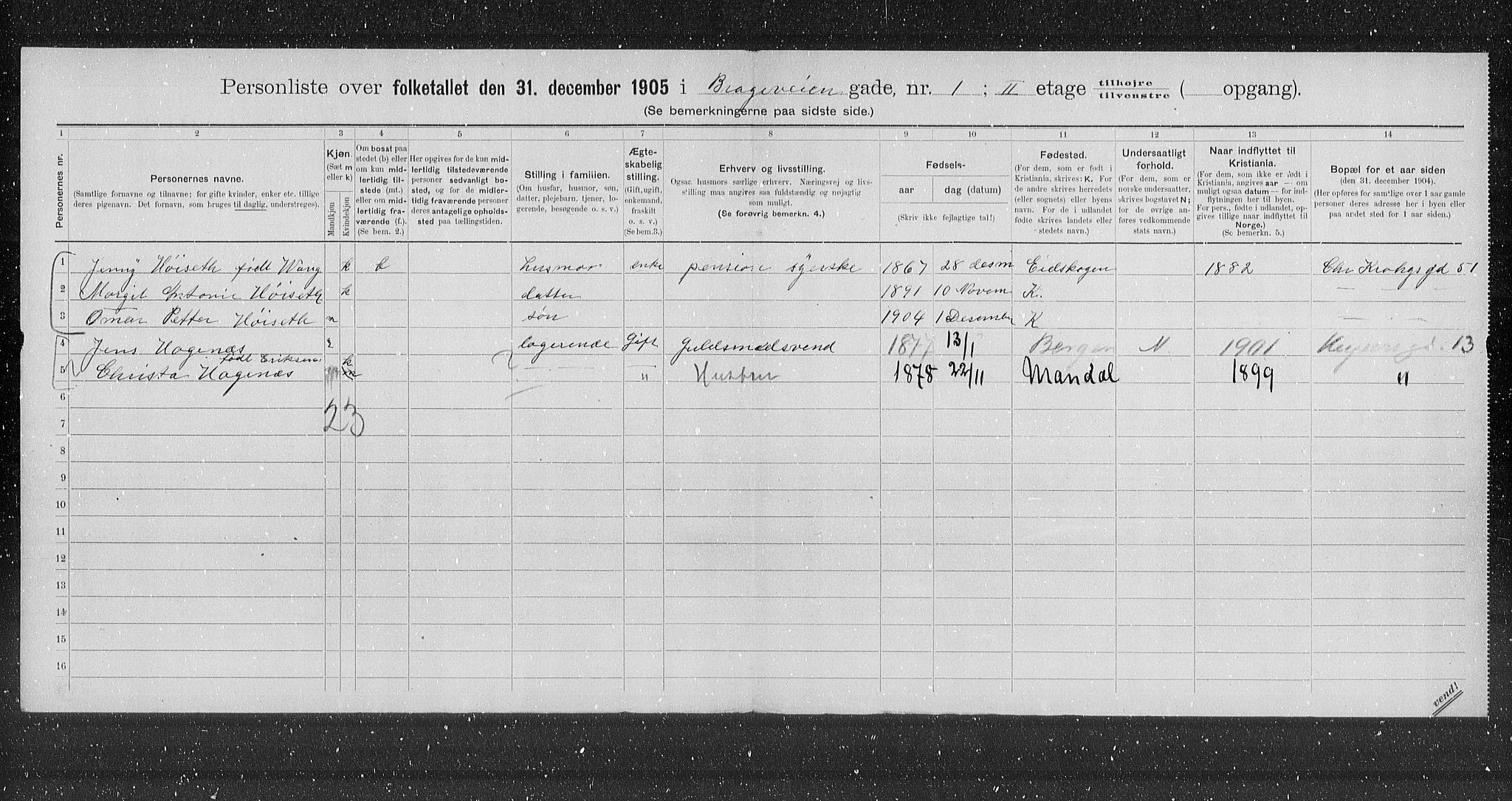 OBA, Municipal Census 1905 for Kristiania, 1905, p. 4103