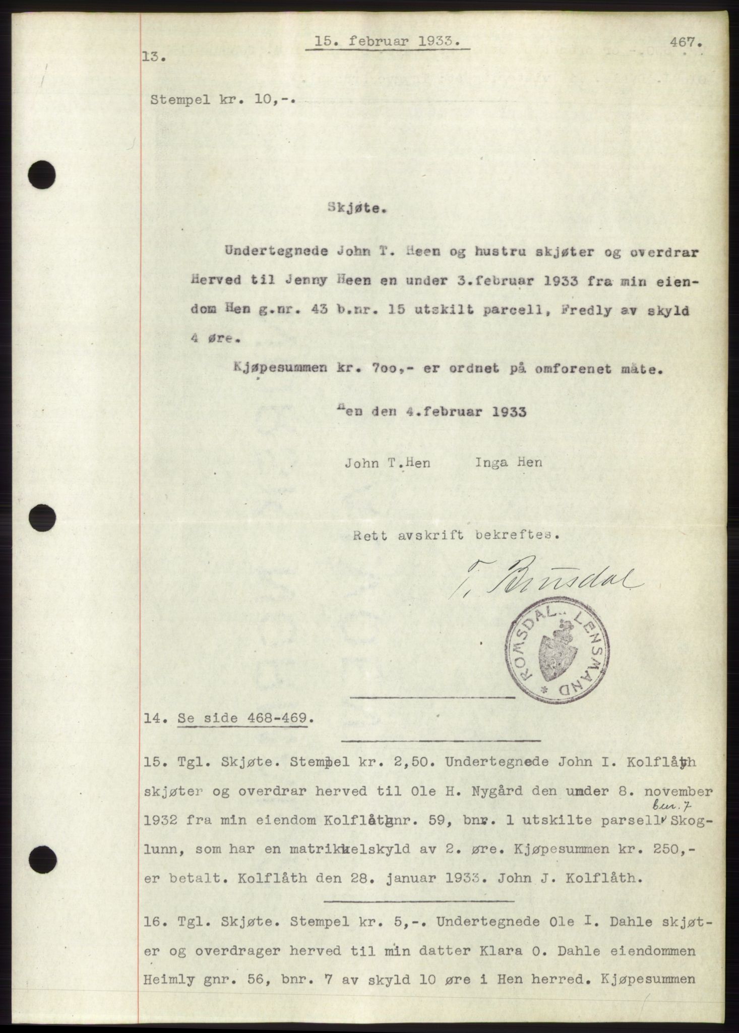 Romsdal sorenskriveri, AV/SAT-A-4149/1/2/2C/L0062: Mortgage book no. 56, 1932-1933, Deed date: 15.02.1933