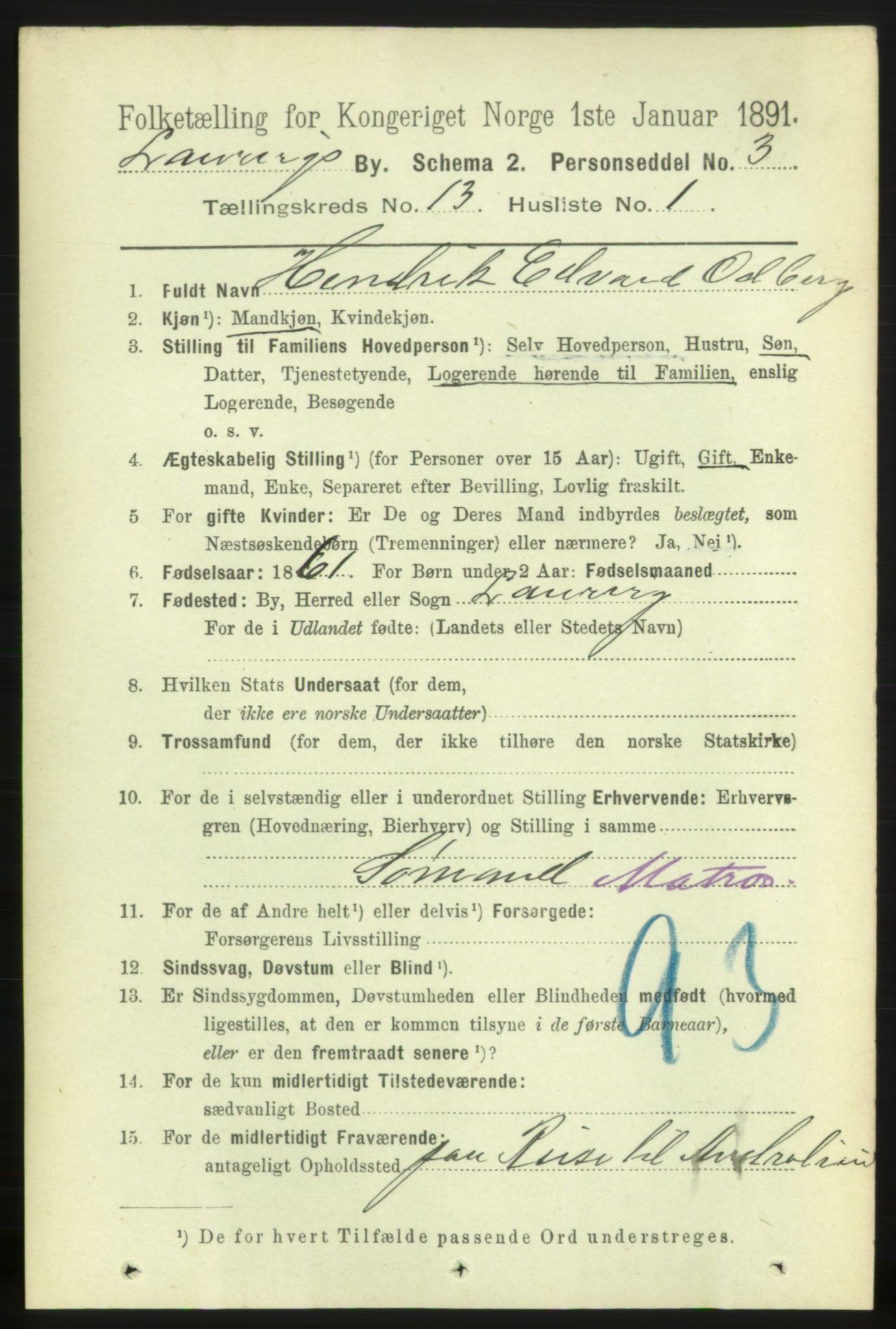 RA, 1891 census for 0707 Larvik, 1891, p. 10487