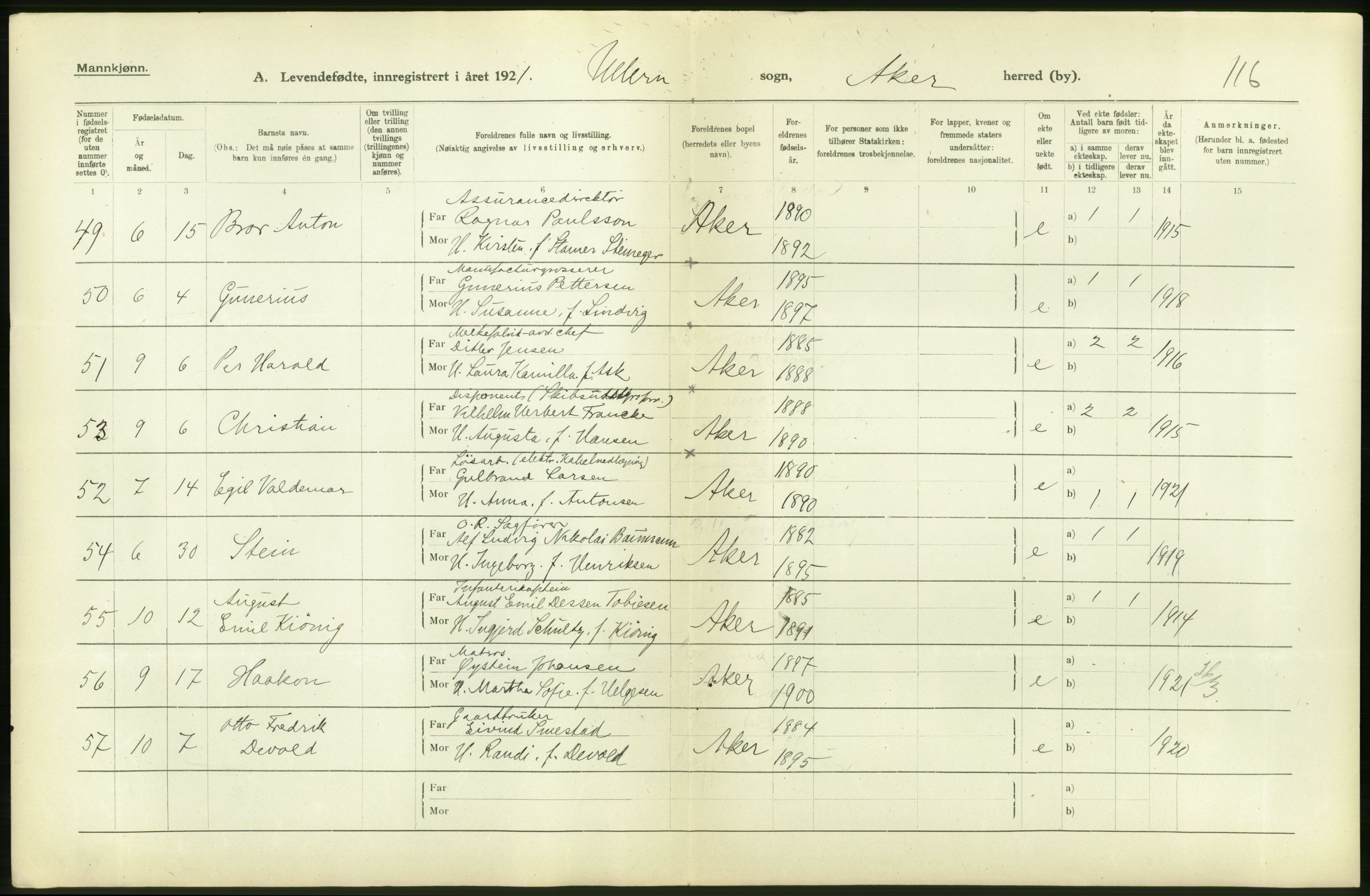 Statistisk sentralbyrå, Sosiodemografiske emner, Befolkning, AV/RA-S-2228/D/Df/Dfc/Dfca/L0004: Akershus fylke: Levendefødte menn og kvinner. Bygder., 1921, p. 24