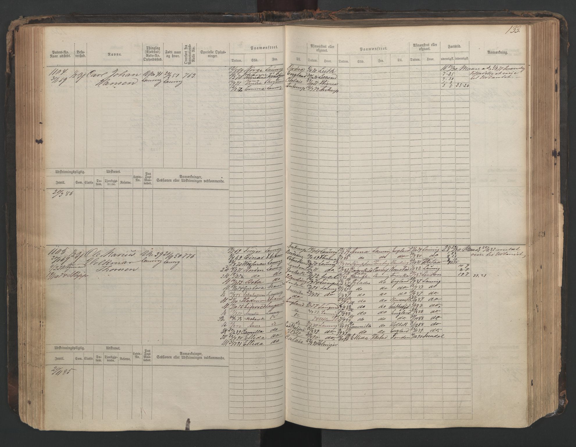 Larvik innrulleringskontor, SAKO/A-787/F/Fc/L0003: Hovedrulle, 1868, p. 133