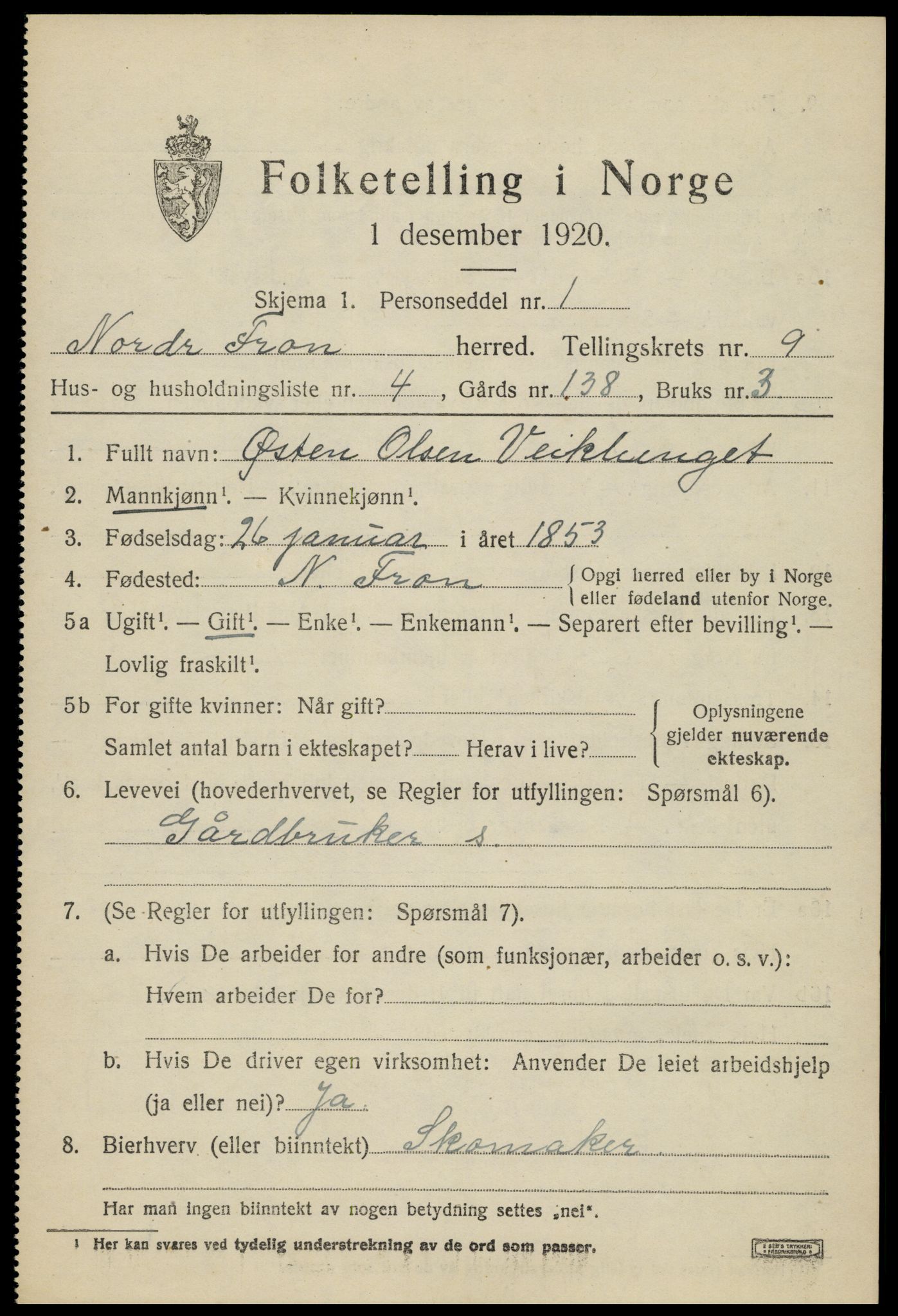 SAH, 1920 census for Nord-Fron, 1920, p. 7506