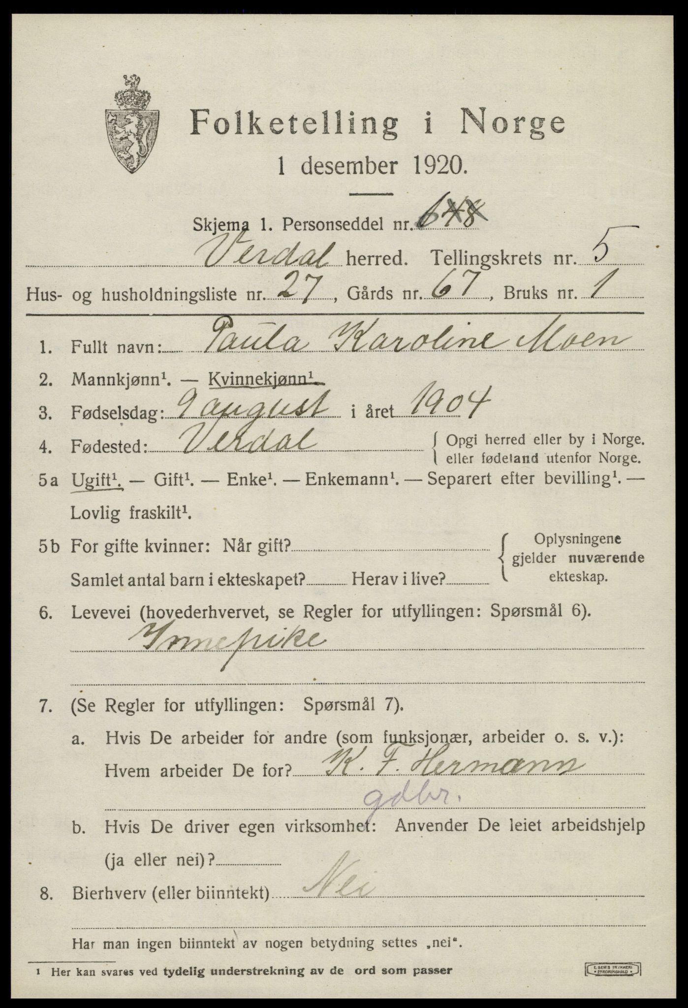 SAT, 1920 census for Verdal, 1920, p. 8863