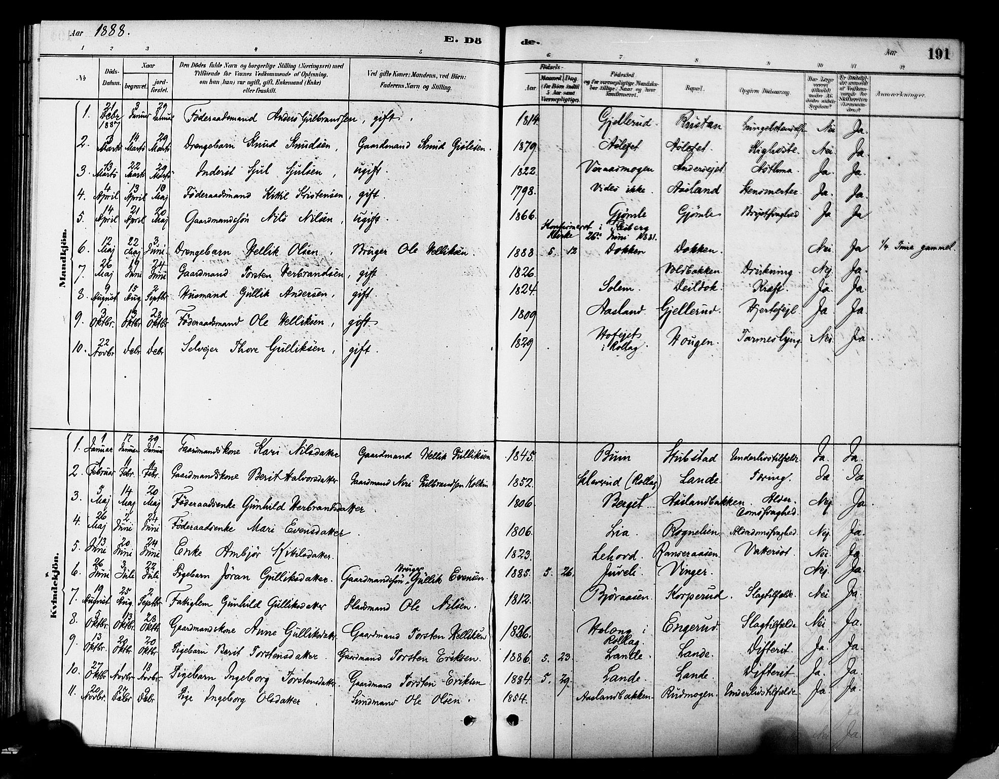 Flesberg kirkebøker, SAKO/A-18/F/Fa/L0008: Parish register (official) no. I 8, 1879-1899, p. 191