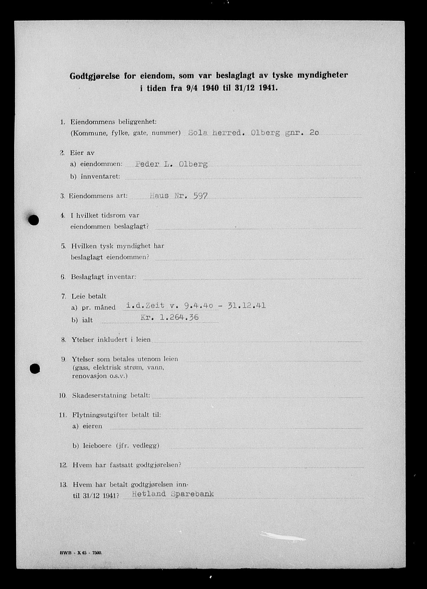 Justisdepartementet, Tilbakeføringskontoret for inndratte formuer, AV/RA-S-1564/I/L1015: Godtgjørelse for beslaglagt eiendom, 1940-1941, p. 34