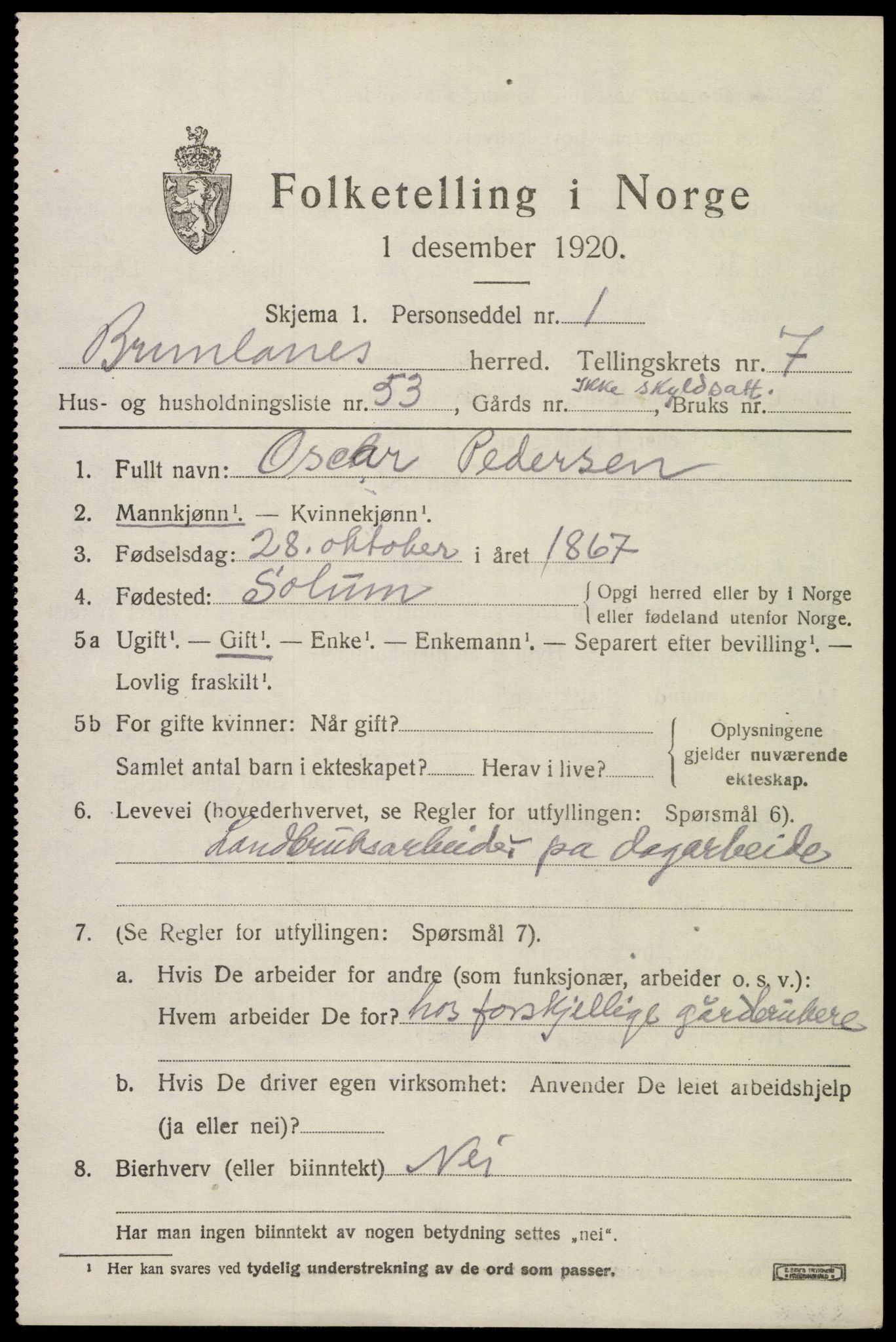 SAKO, 1920 census for Brunlanes, 1920, p. 7653