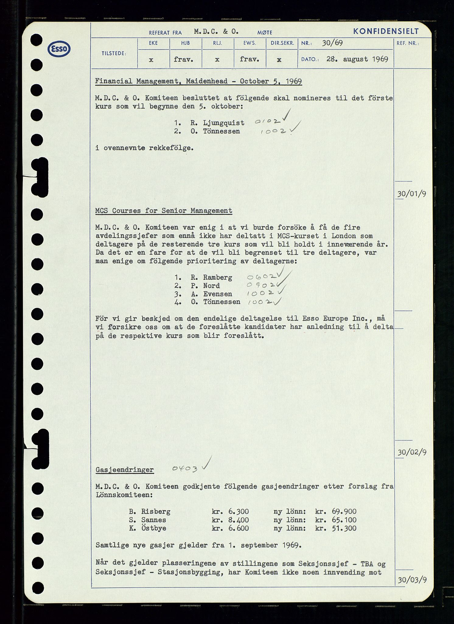 Pa 0982 - Esso Norge A/S, AV/SAST-A-100448/A/Aa/L0003/0001: Den administrerende direksjon Board minutes (styrereferater) og Bedriftforsamlingsprotokoll / Den administrerende direksjon Board minutes (styrereferater), 1969, p. 172