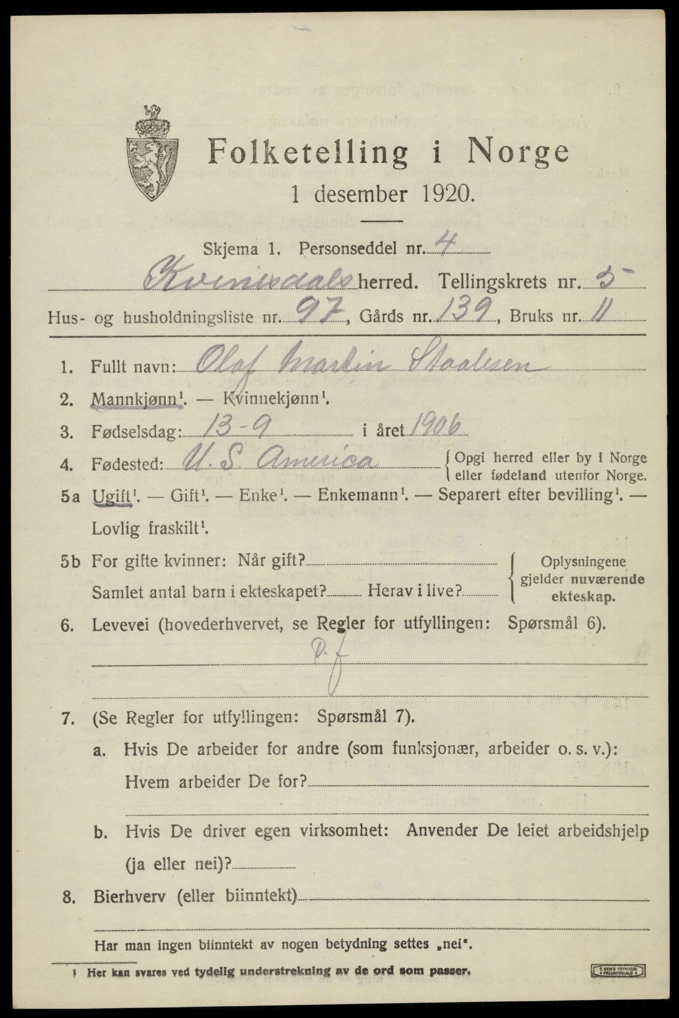 SAK, 1920 census for Kvinesdal, 1920, p. 6773