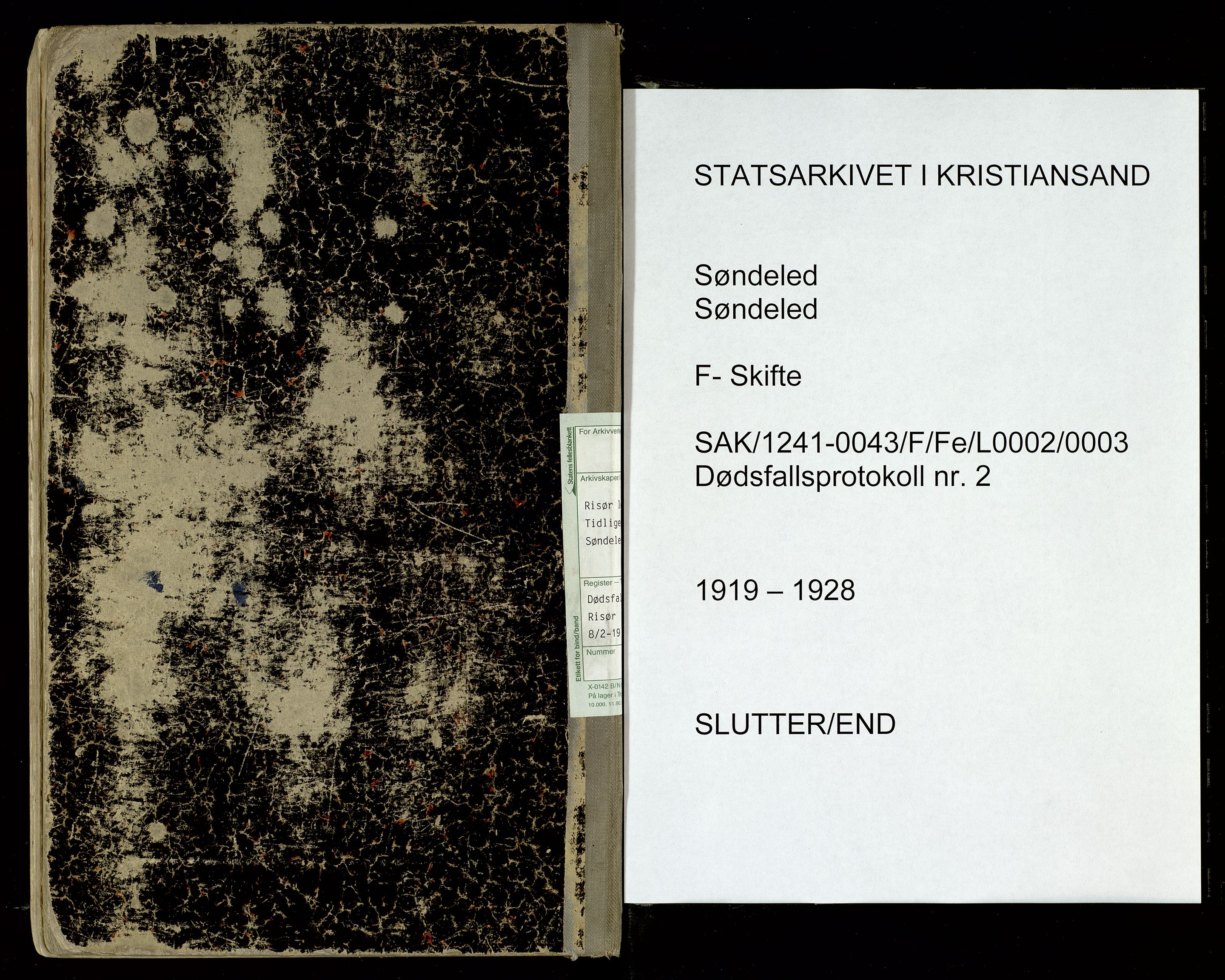 Søndeled lensmannskontor, AV/SAK-1241-0043/F/Fe/L0002/0003: Dødsfallsprotokoller / Dødsfallsprotokoll Risør med register, 1919-1928