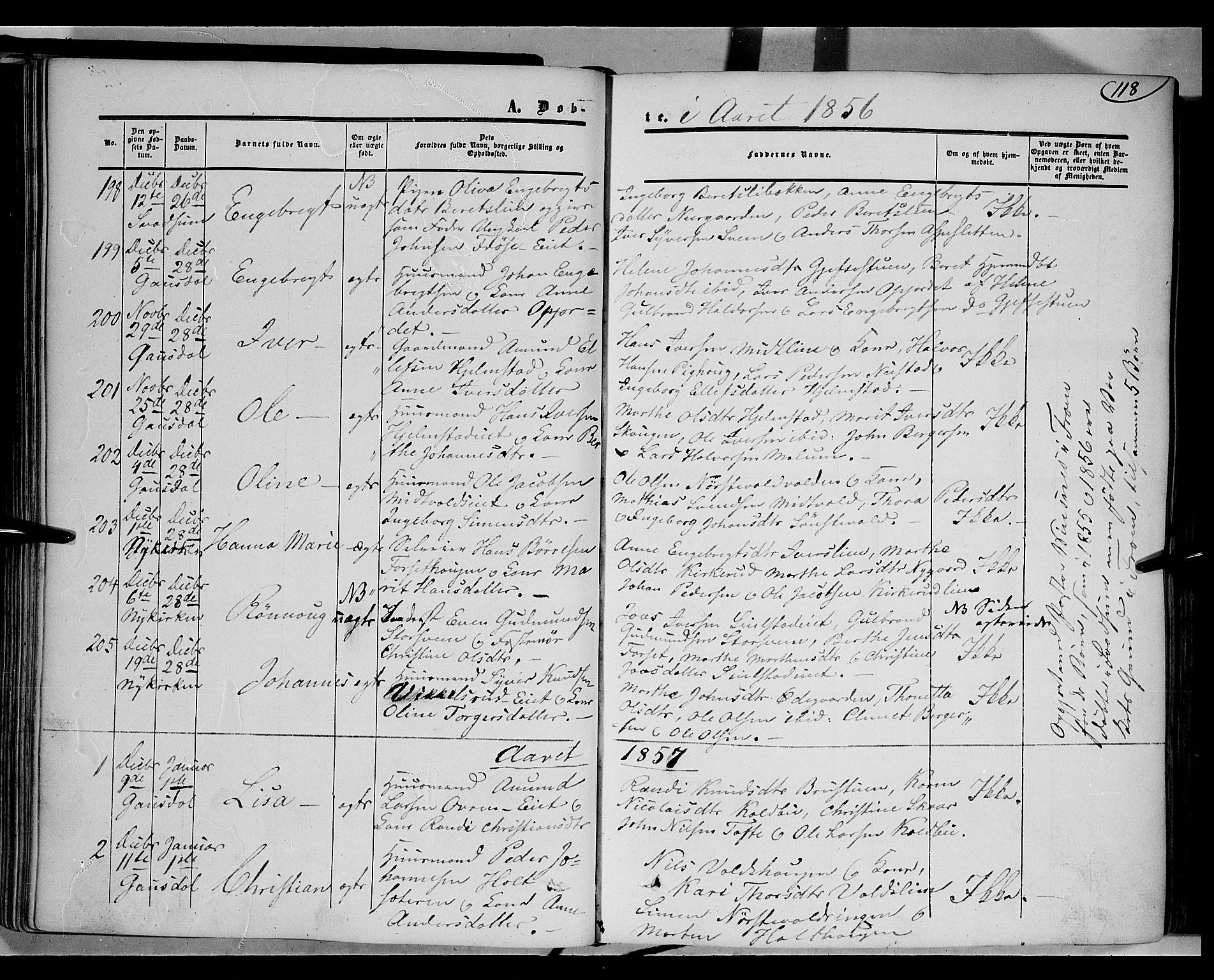 Gausdal prestekontor, SAH/PREST-090/H/Ha/Haa/L0008: Parish register (official) no. 8, 1850-1861, p. 118