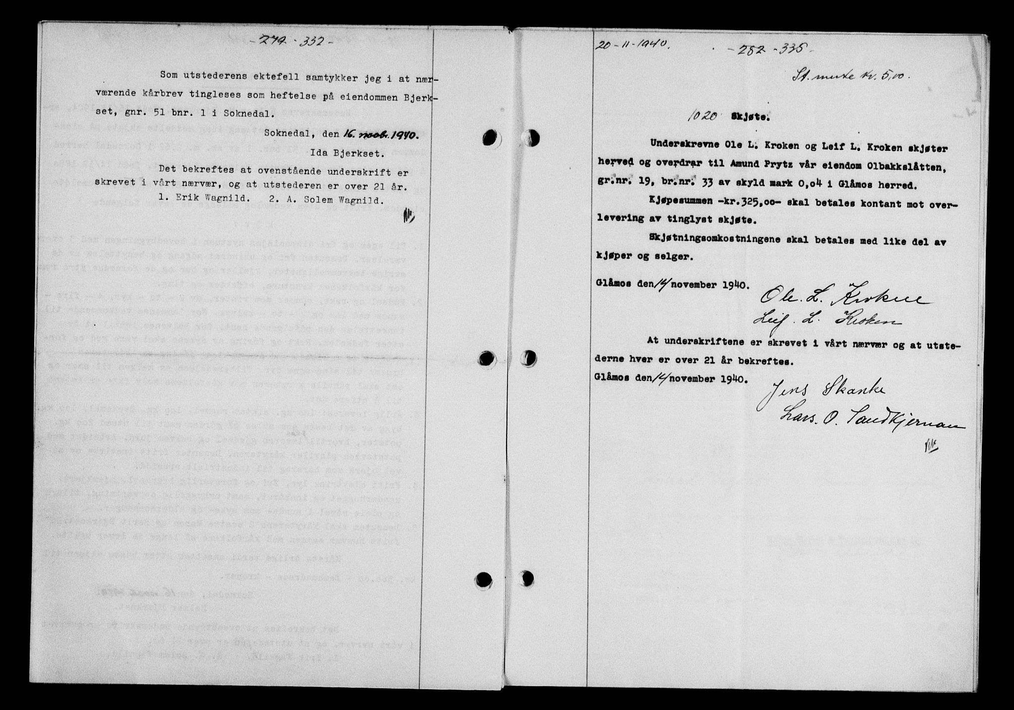 Gauldal sorenskriveri, SAT/A-0014/1/2/2C/L0052: Mortgage book no. 57, 1940-1941, Diary no: : 1020/1940