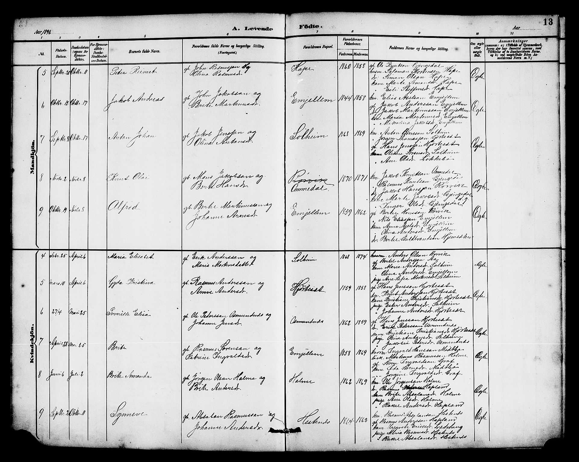 Gloppen sokneprestembete, SAB/A-80101/H/Hab/Habe/L0001: Parish register (copy) no. E 1, 1891-1917, p. 13