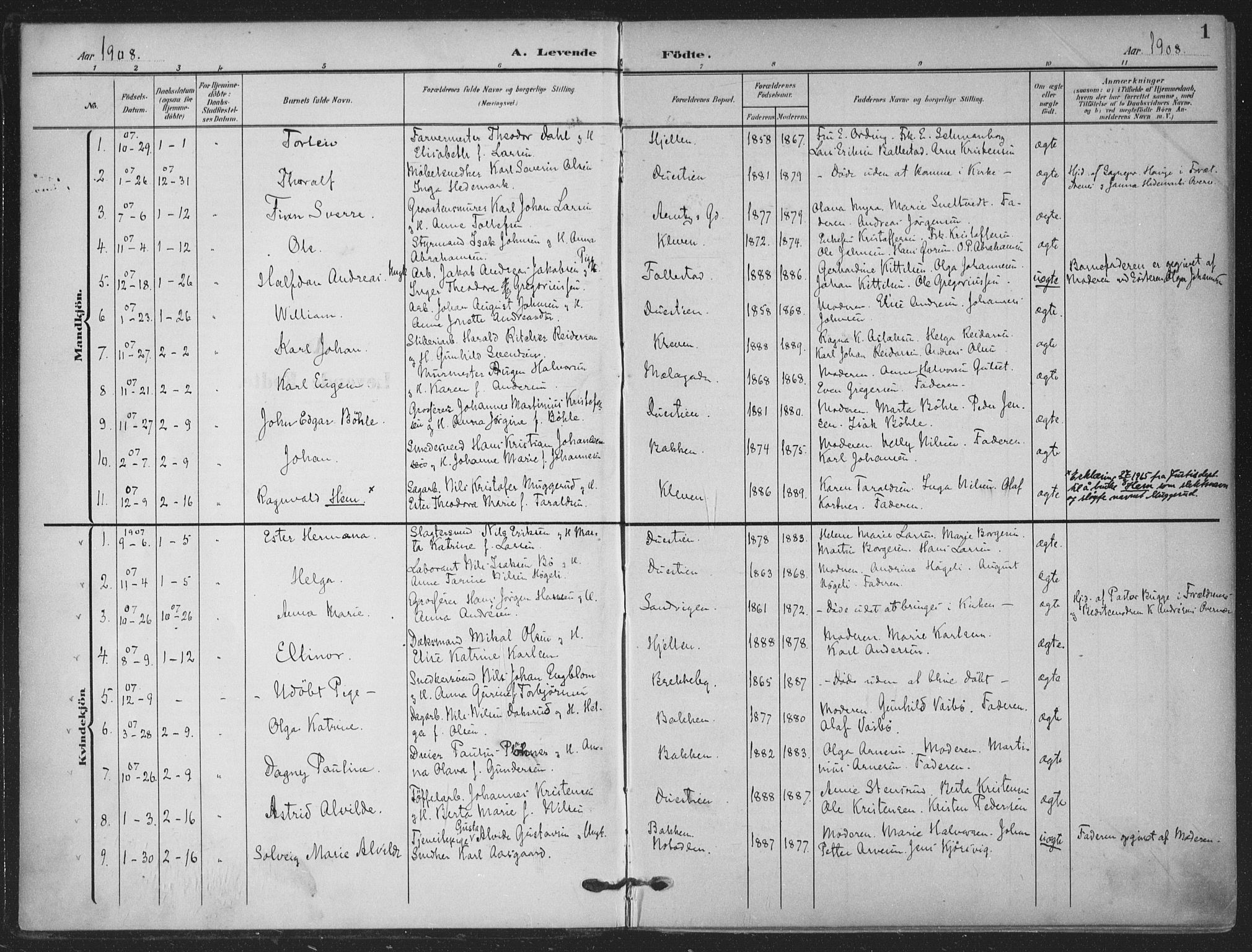 Skien kirkebøker, SAKO/A-302/F/Fa/L0012: Parish register (official) no. 12, 1908-1914, p. 1