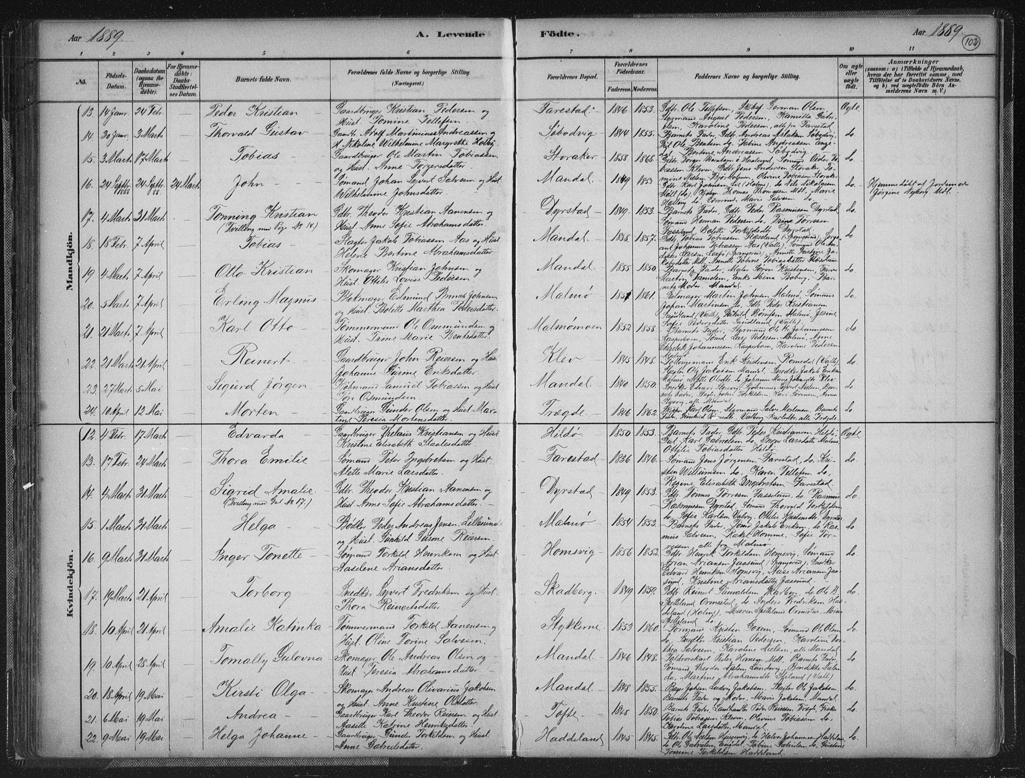 Mandal sokneprestkontor, AV/SAK-1111-0030/F/Fb/Fba/L0011: Parish register (copy) no. B 5, 1880-1898, p. 102