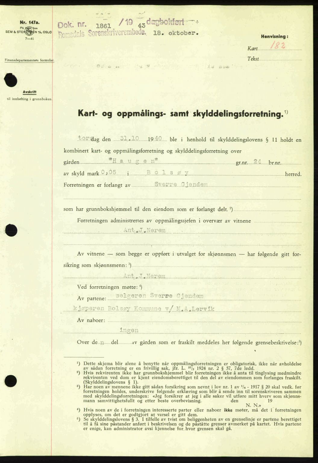 Romsdal sorenskriveri, AV/SAT-A-4149/1/2/2C: Mortgage book no. A15, 1943-1944, Diary no: : 1861/1943