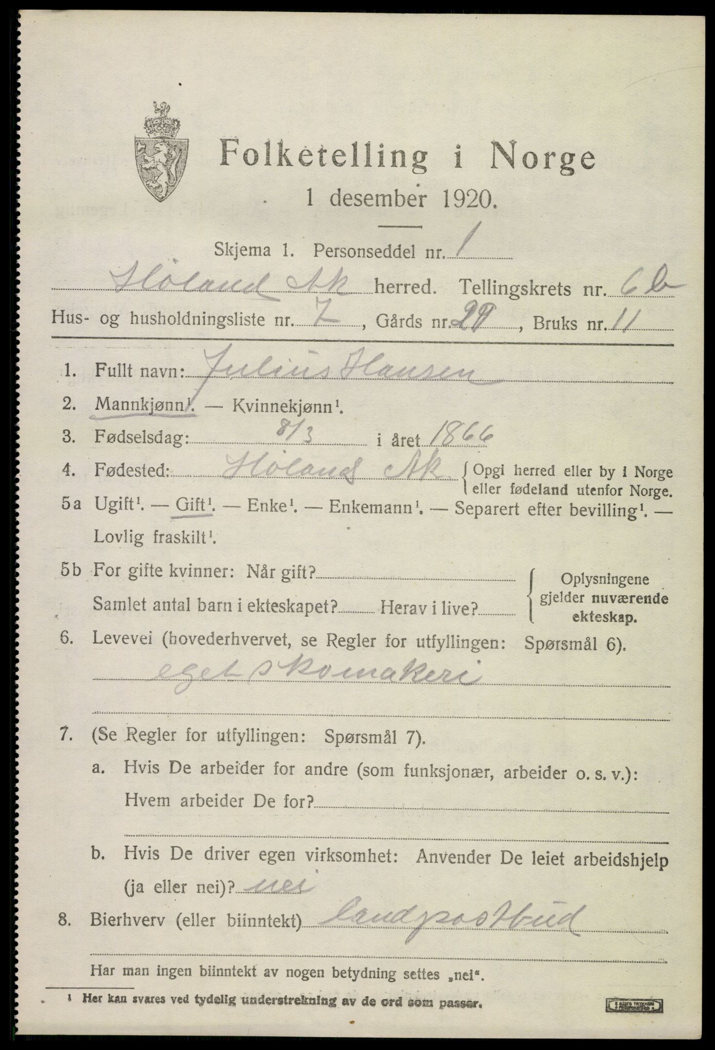 SAO, 1920 census for Høland, 1920, p. 9091