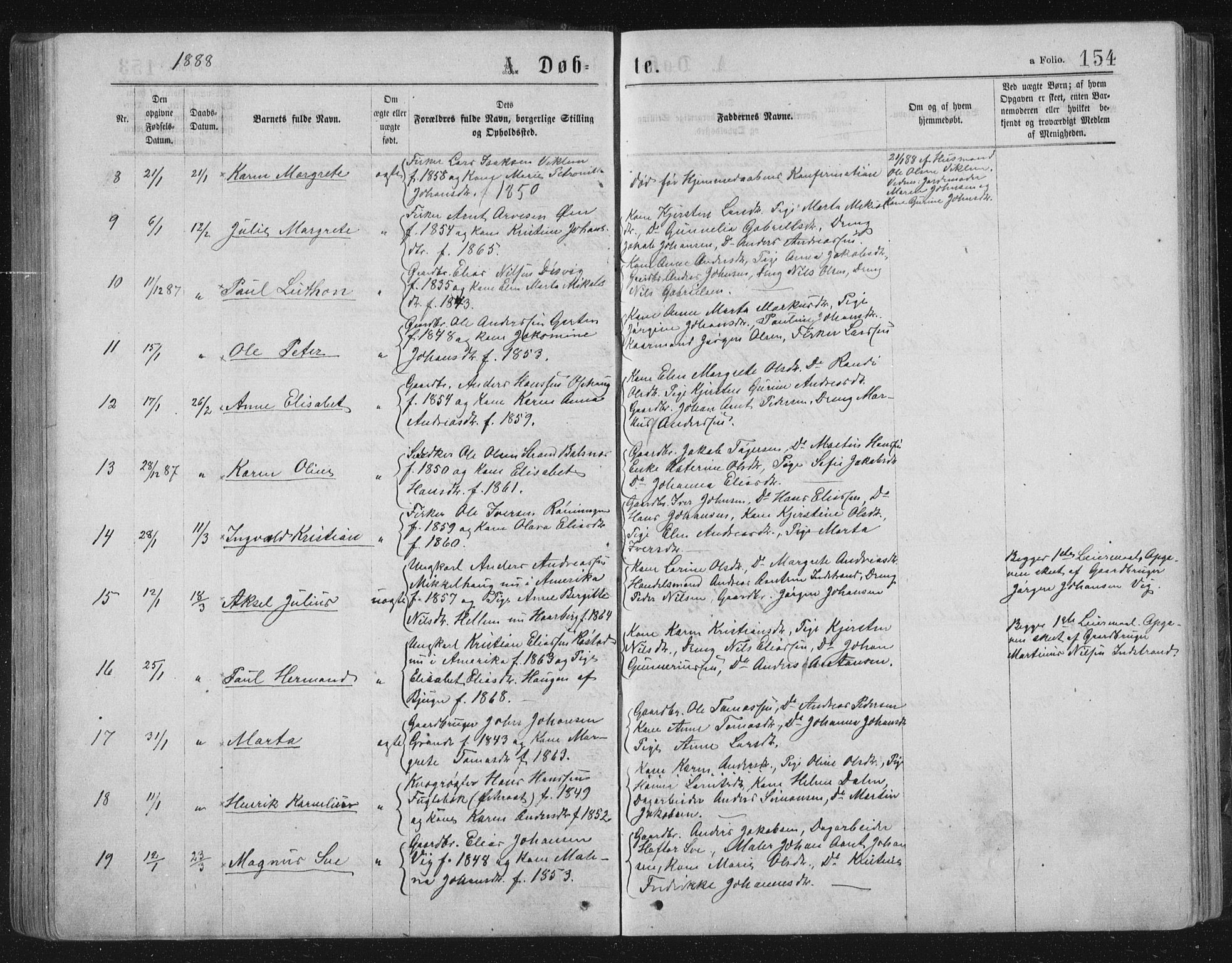 Ministerialprotokoller, klokkerbøker og fødselsregistre - Sør-Trøndelag, SAT/A-1456/659/L0745: Parish register (copy) no. 659C02, 1869-1892, p. 154