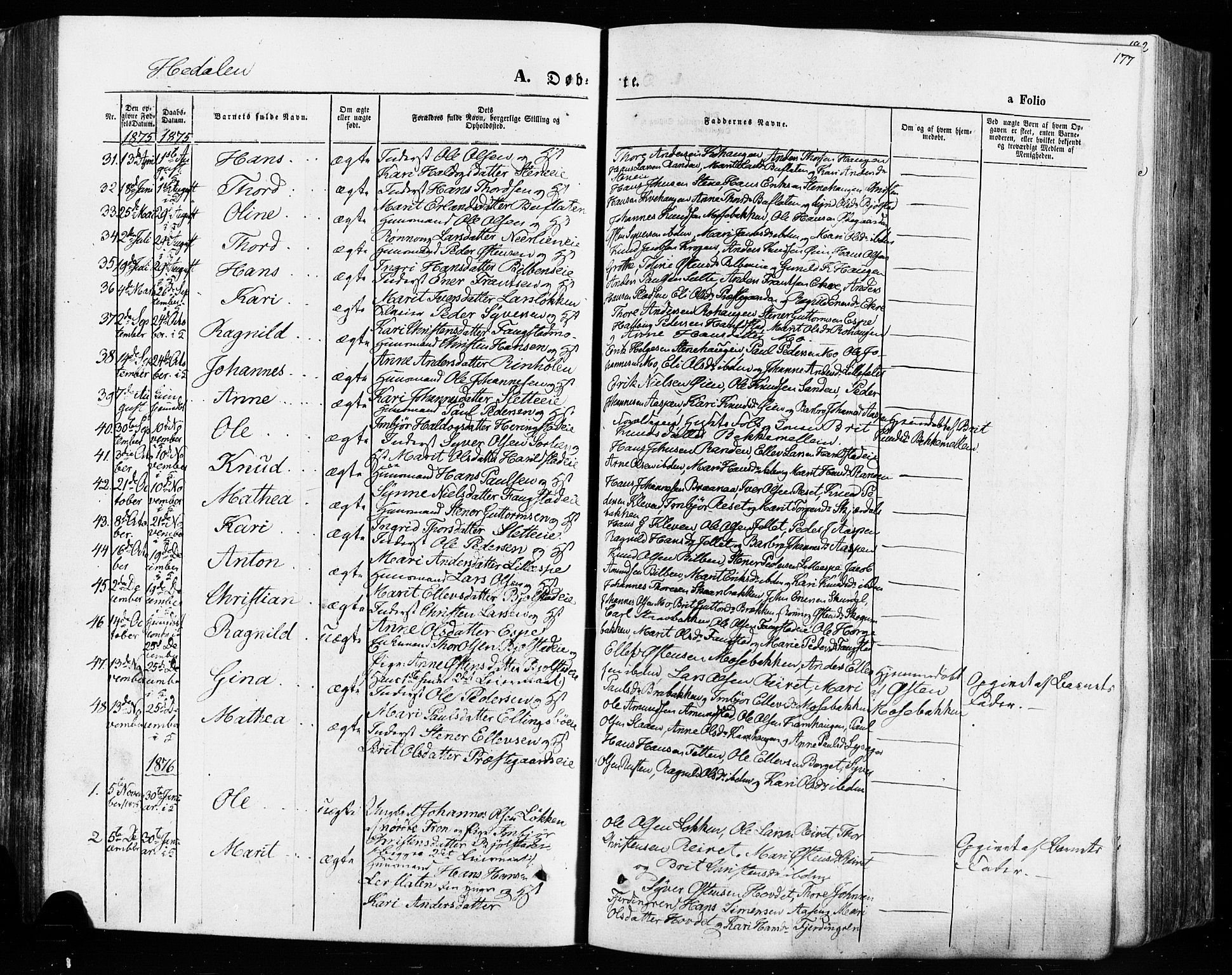 Vågå prestekontor, SAH/PREST-076/H/Ha/Haa/L0007: Parish register (official) no. 7 /2, 1873-1886, p. 177
