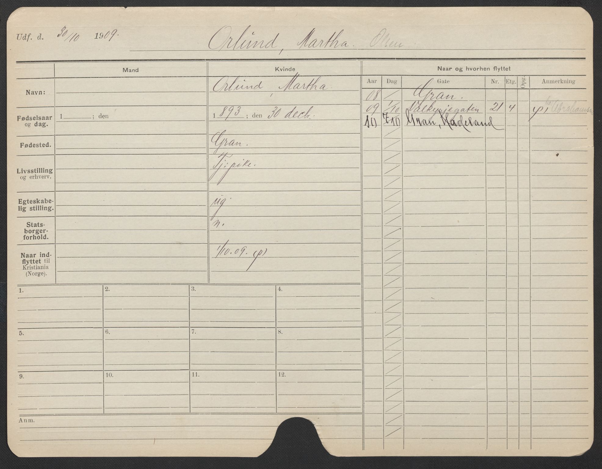 Oslo folkeregister, Registerkort, AV/SAO-A-11715/F/Fa/Fac/L0022: Kvinner, 1906-1914, p. 456a