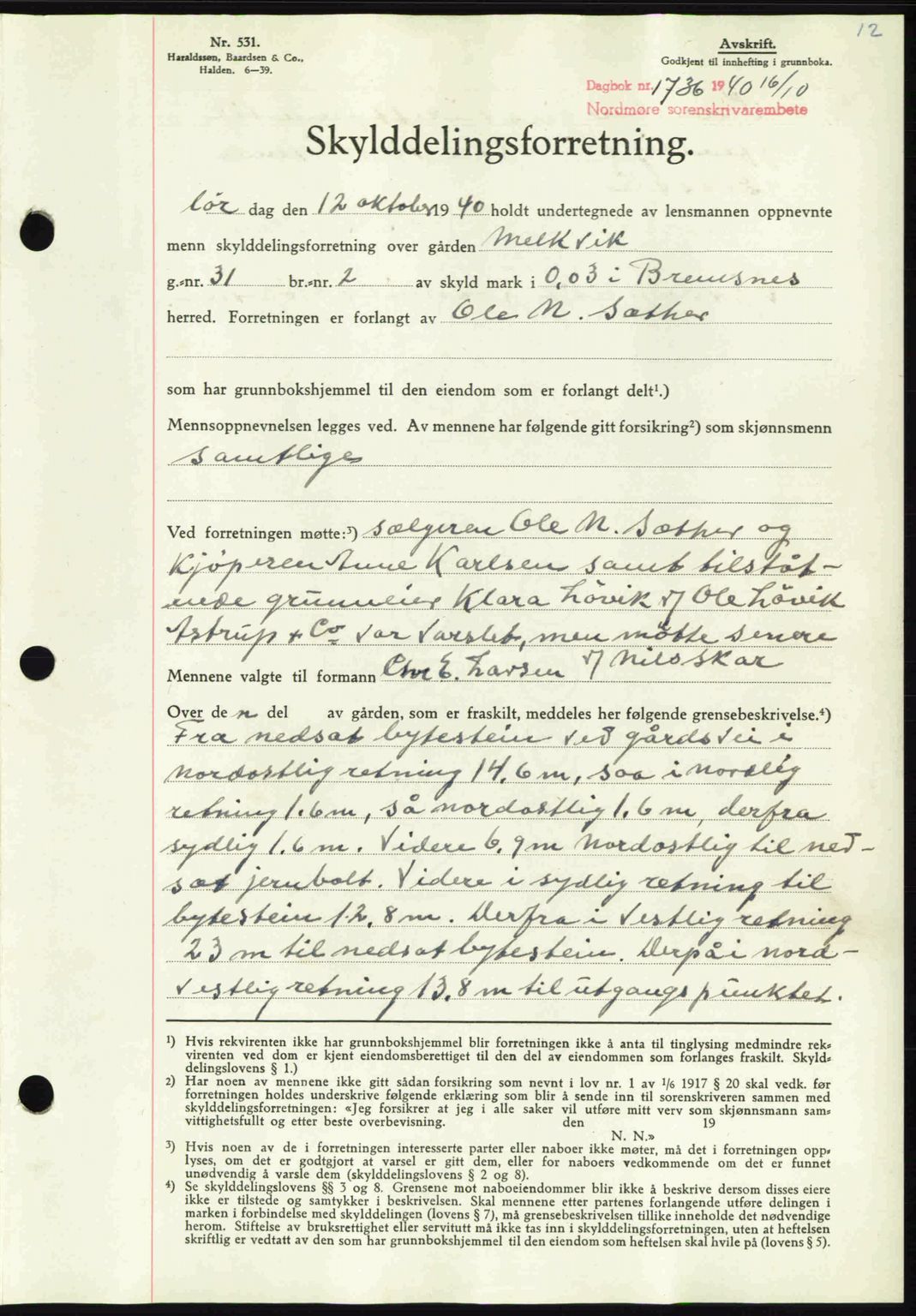Nordmøre sorenskriveri, SAT/A-4132/1/2/2Ca: Mortgage book no. A89, 1940-1941, Diary no: : 1736/1940