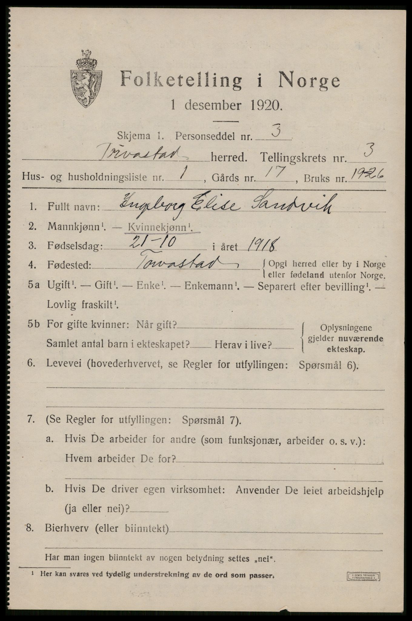 SAST, 1920 census for Torvastad, 1920, p. 2934