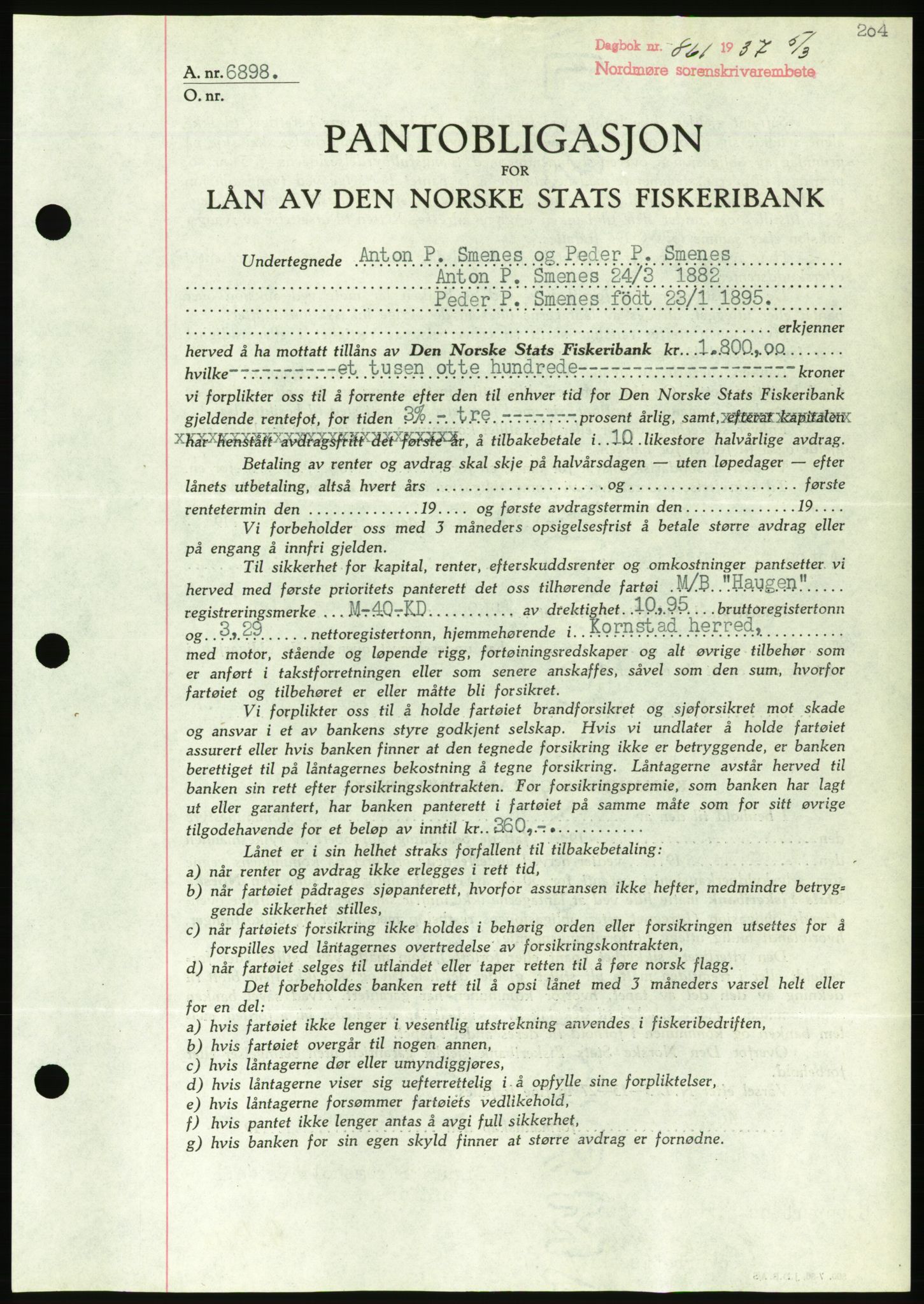 Nordmøre sorenskriveri, AV/SAT-A-4132/1/2/2Ca/L0091: Mortgage book no. B81, 1937-1937, Diary no: : 861/1937