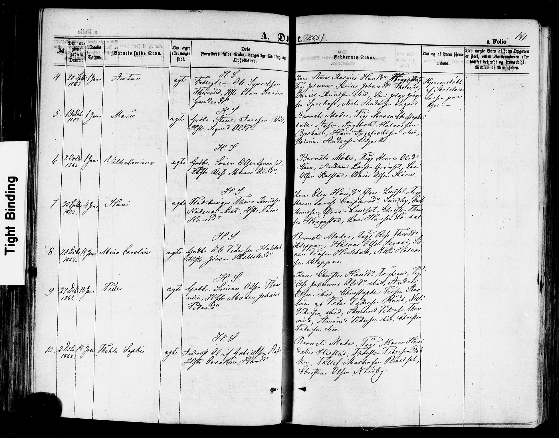 Hof kirkebøker, AV/SAKO-A-64/F/Fa/L0006: Parish register (official) no. I 6, 1851-1877, p. 141