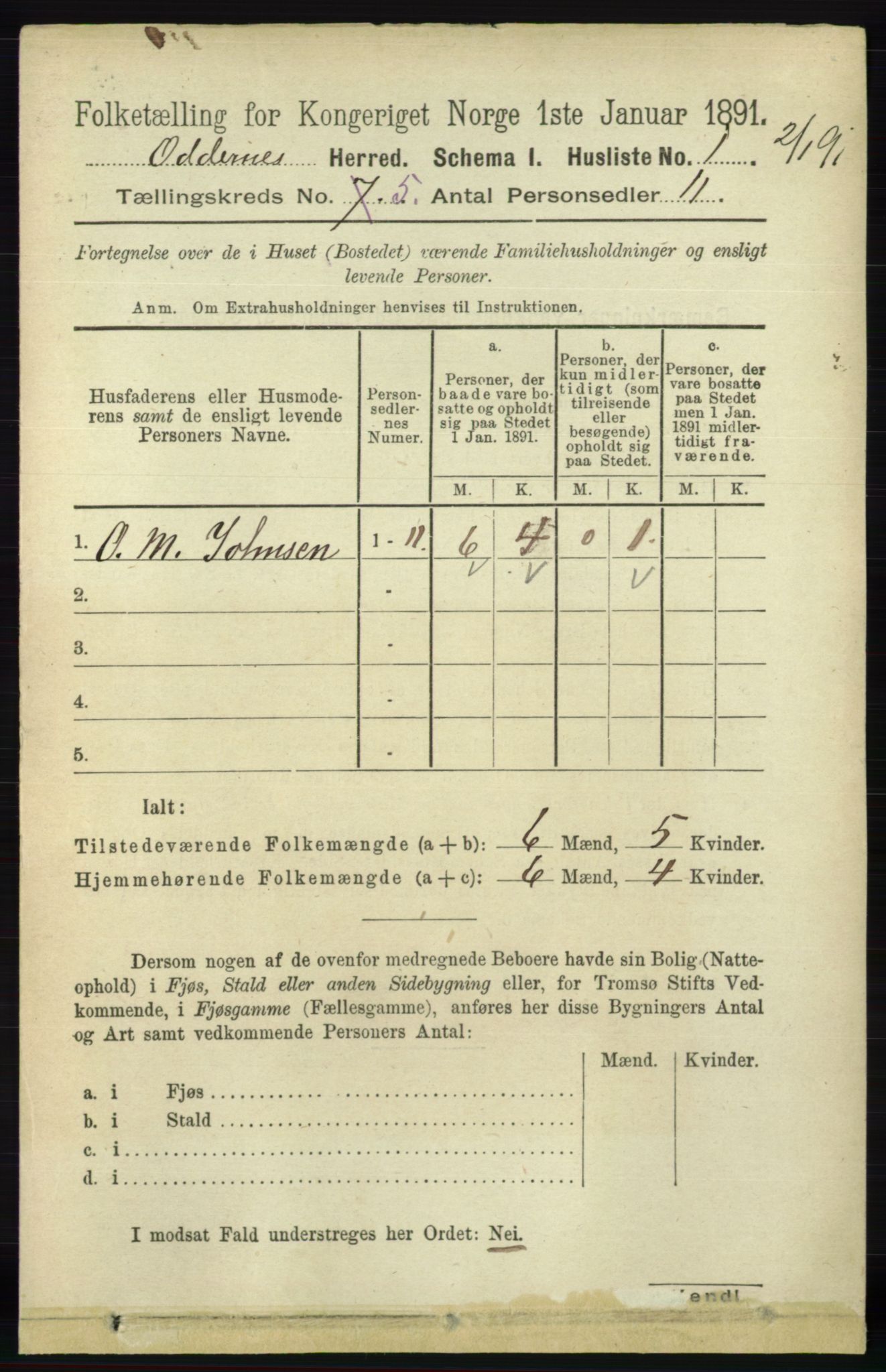 RA, 1891 census for 1012 Oddernes, 1891, p. 1709