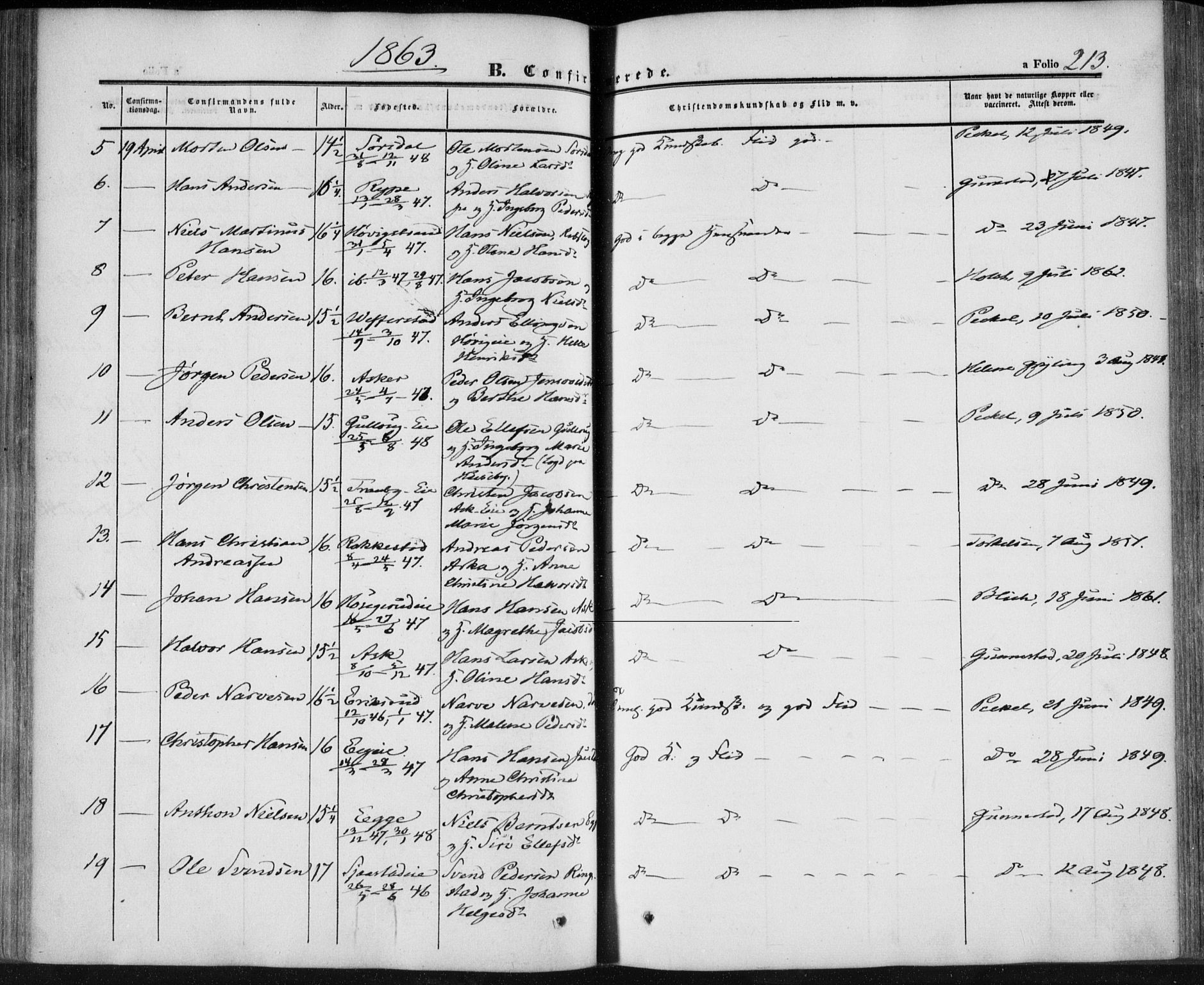 Lier kirkebøker, AV/SAKO-A-230/F/Fa/L0012: Parish register (official) no. I 12, 1854-1864, p. 213