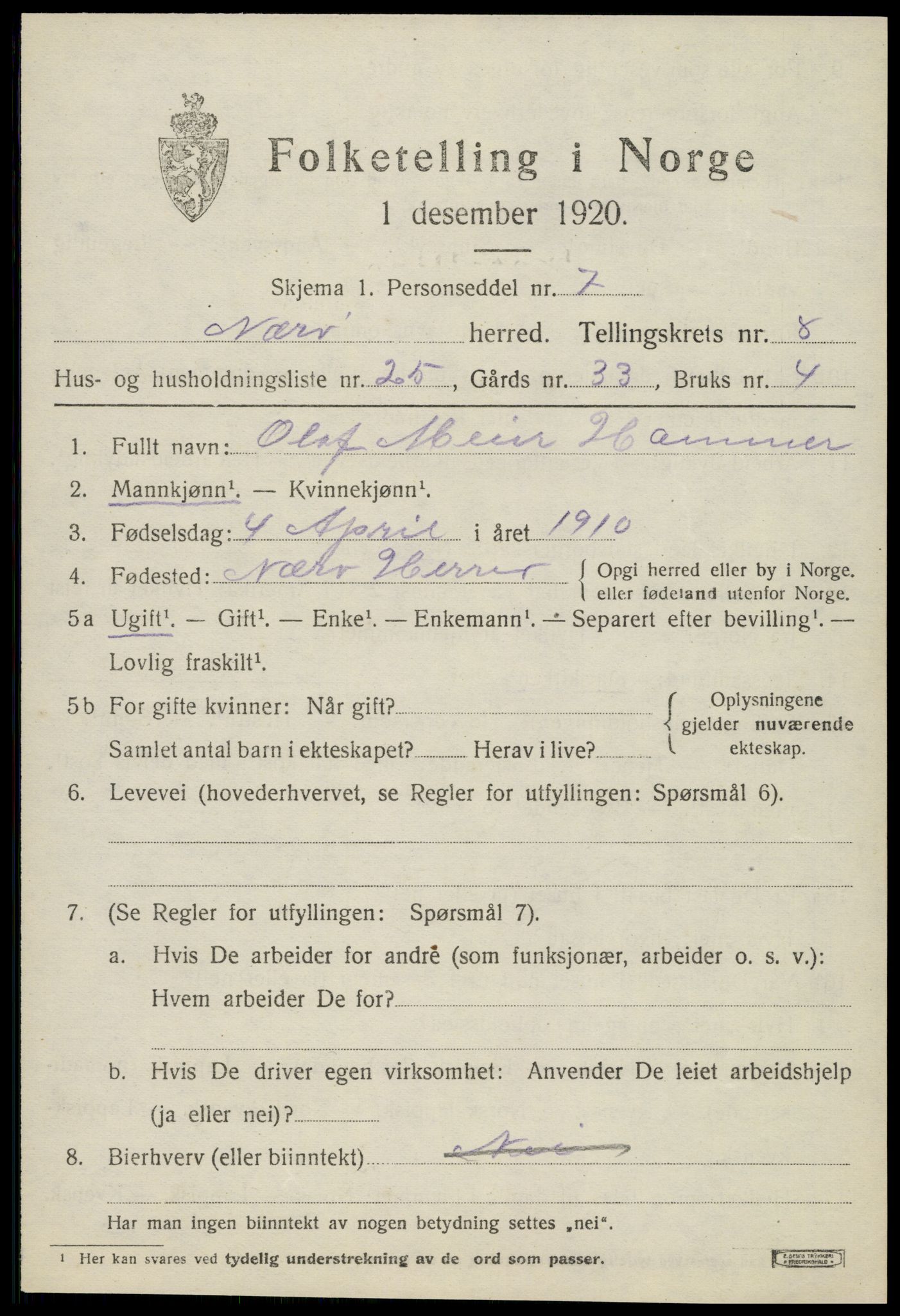 SAT, 1920 census for Nærøy, 1920, p. 4729