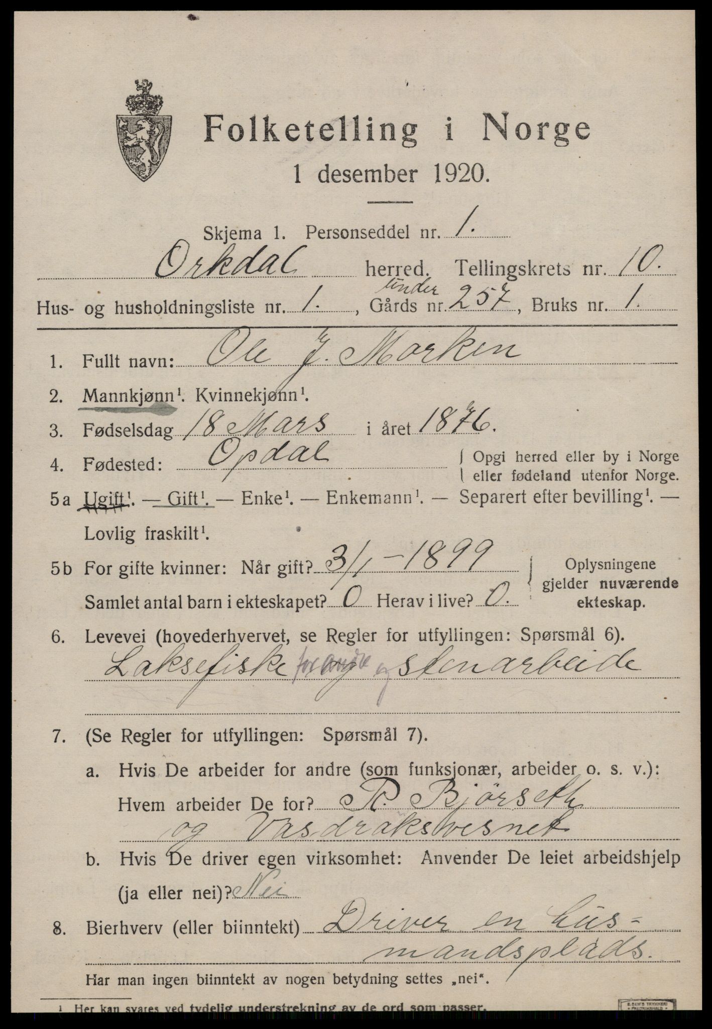 SAT, 1920 census for Orkdal, 1920, p. 7252