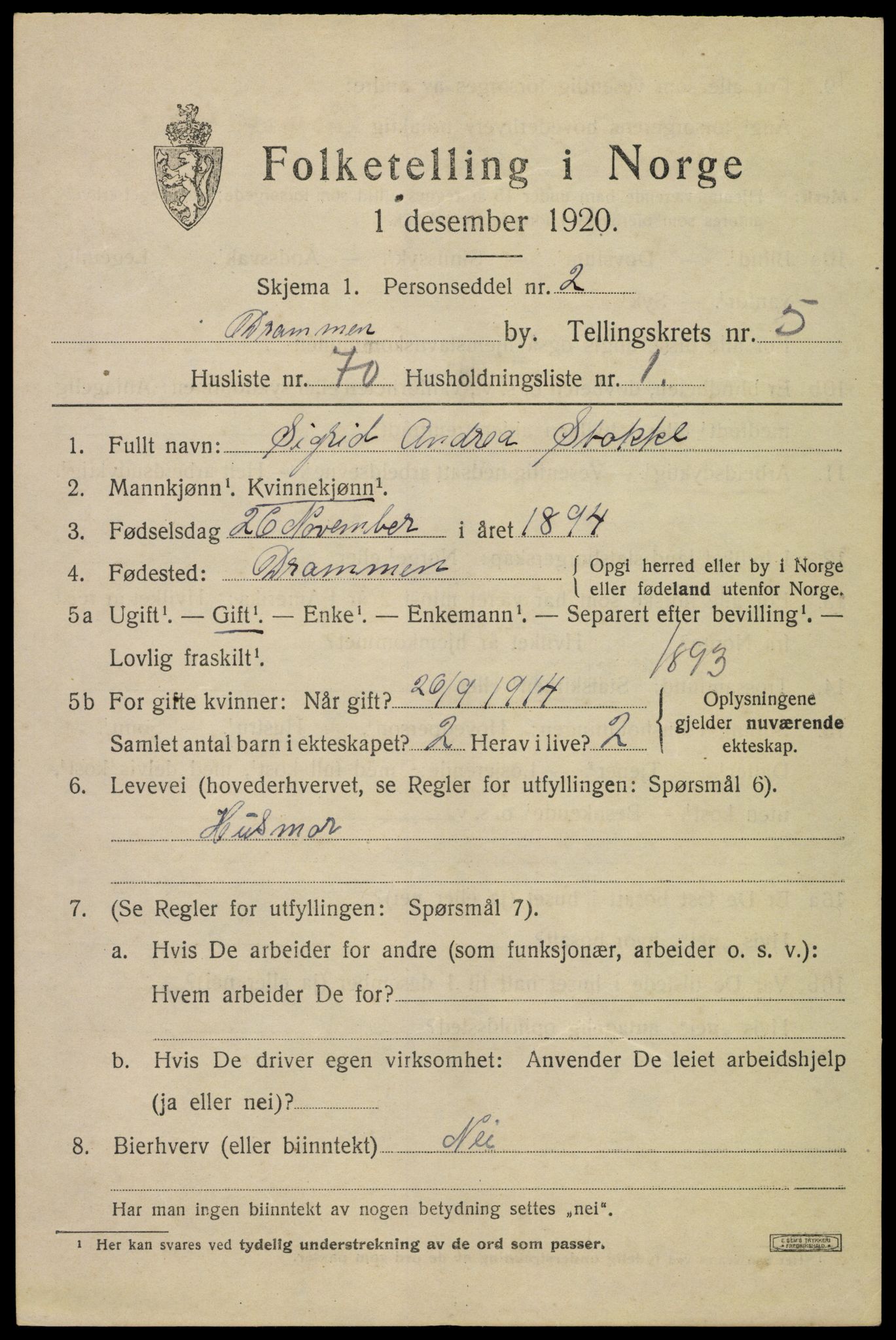 SAKO, 1920 census for Drammen, 1920, p. 37633