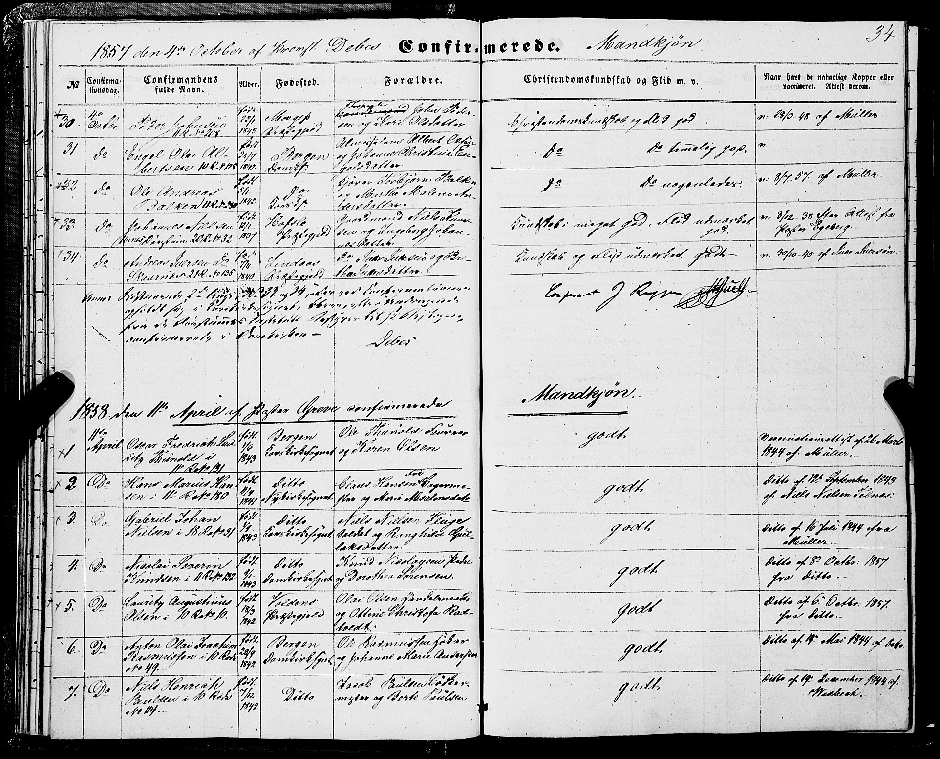 Domkirken sokneprestembete, SAB/A-74801/H/Haa/L0028: Parish register (official) no. C 3, 1852-1864, p. 34