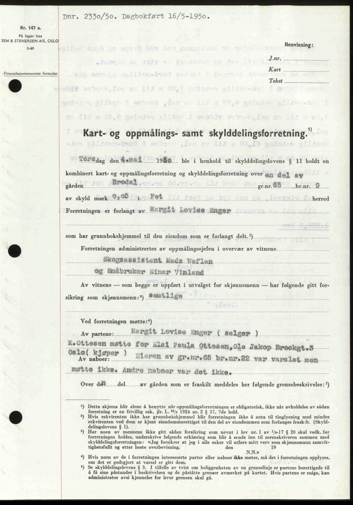 Nedre Romerike sorenskriveri, AV/SAO-A-10469/G/Gb/Gbd/L0030: Mortgage book no. 30, 1950-1950, Diary no: : 2330/1950